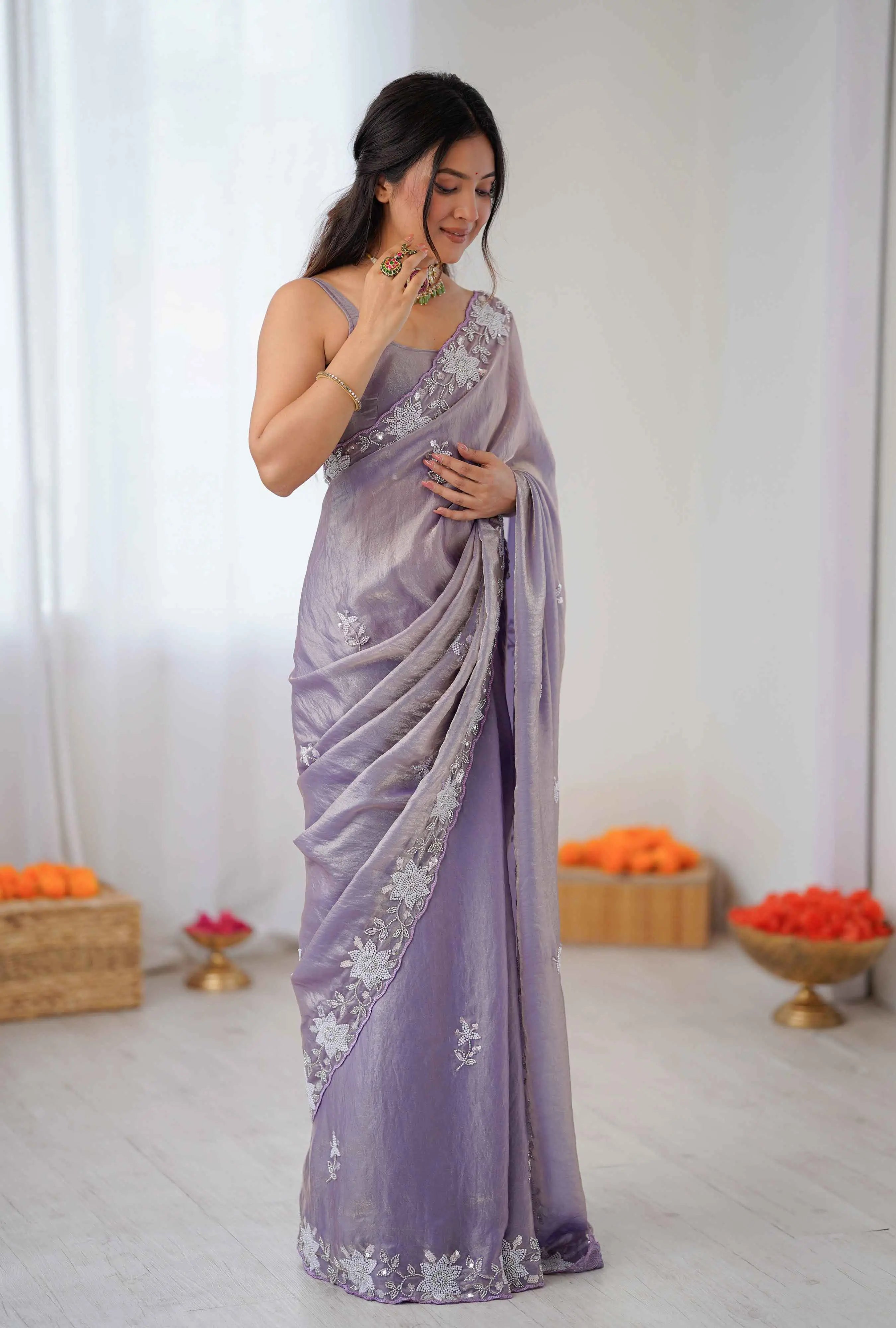 Shiny Lavender Hand Work Party Wear Saree