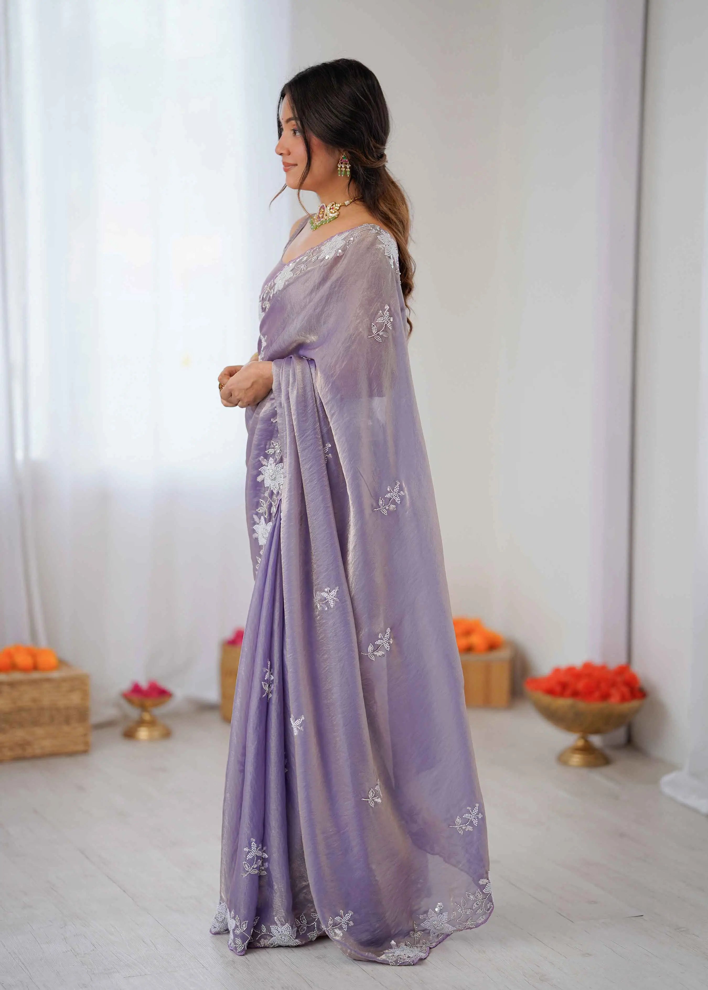 Shiny Lavender Hand Work Party Wear Saree