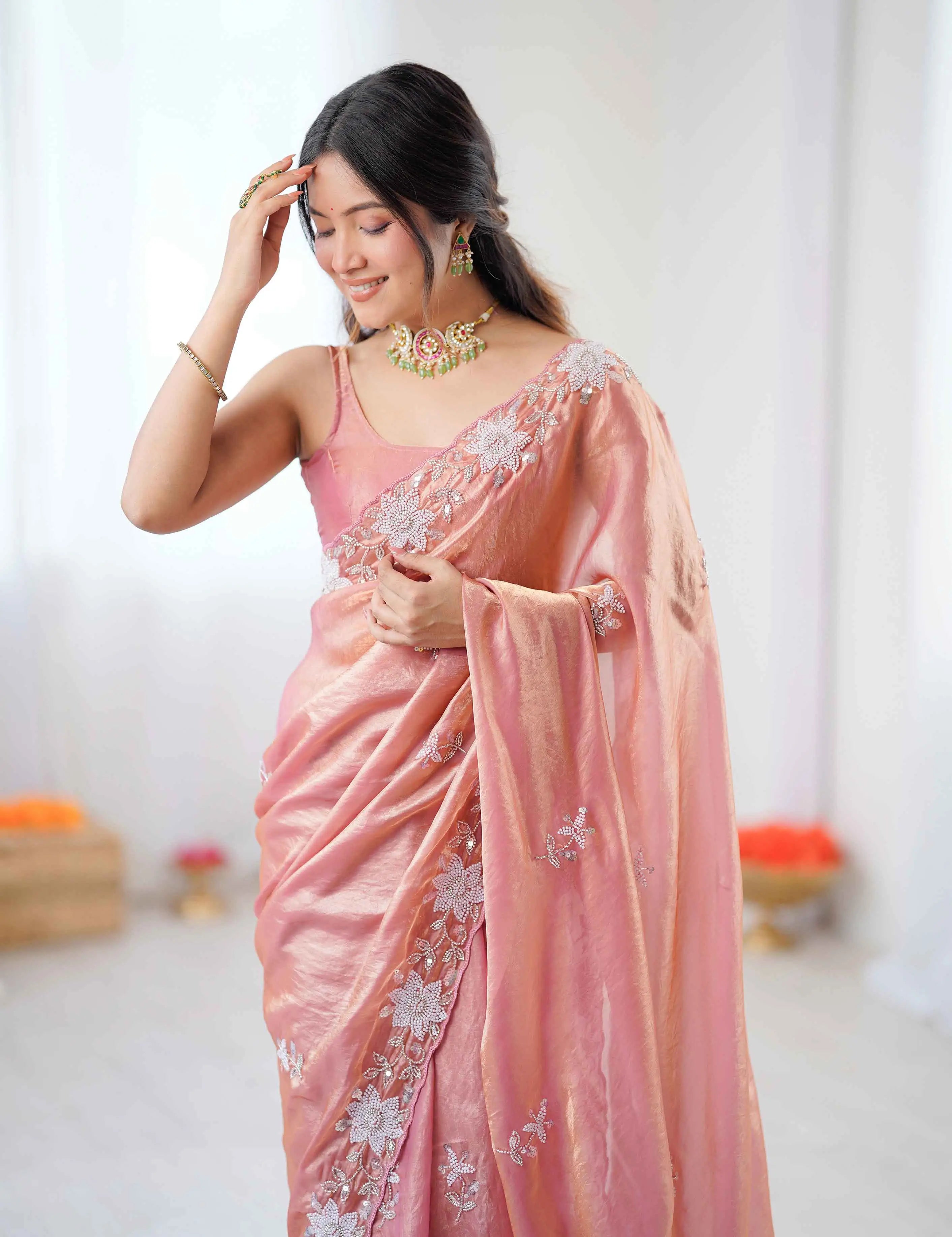 Shiny Peach Hand Work Party Wear Saree
