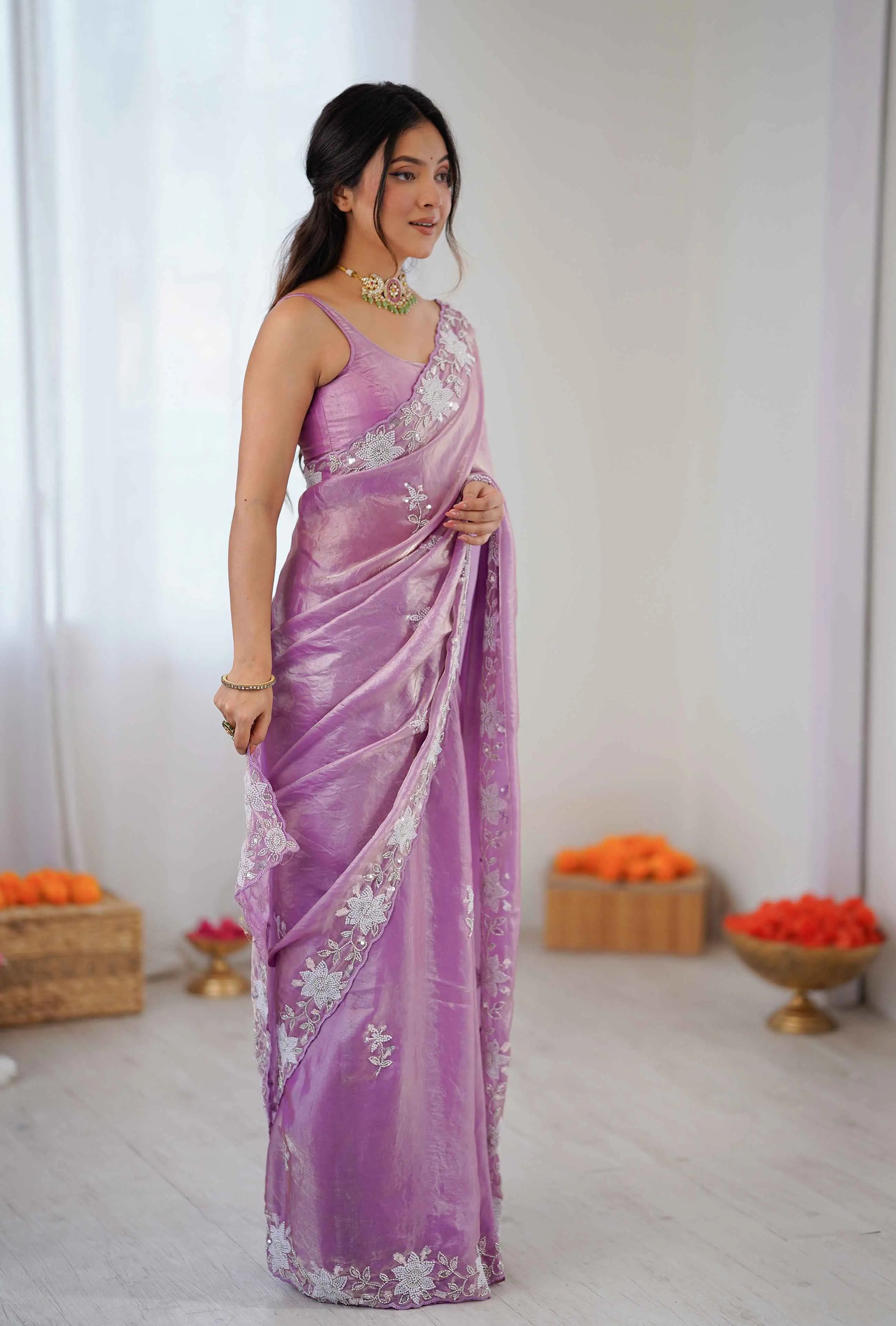 Shiny Purple Hand Work Party Wear Saree