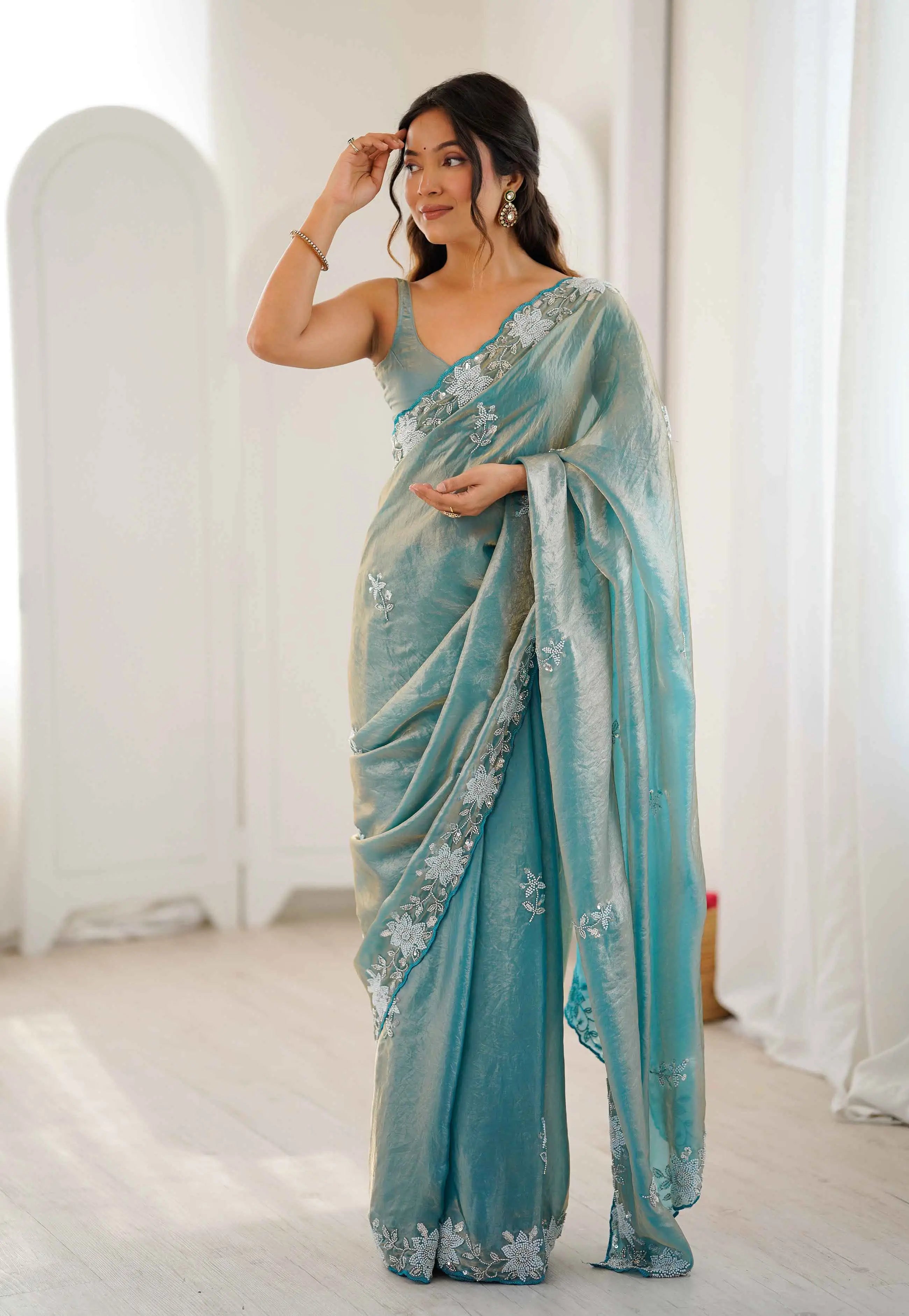 Shiny Teal Blue Hand Work Party Wear Saree