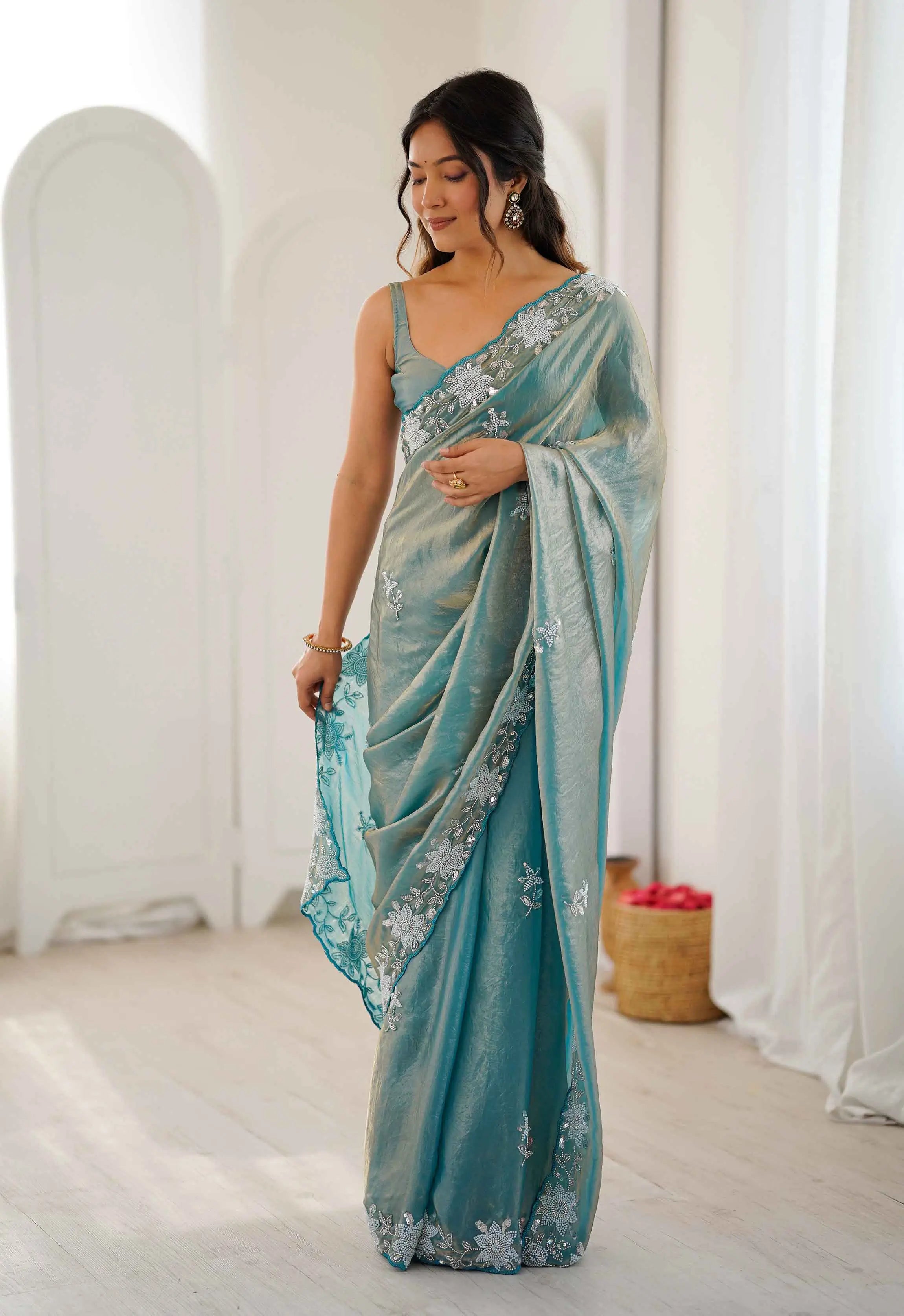 Shiny Teal Blue Hand Work Party Wear Saree