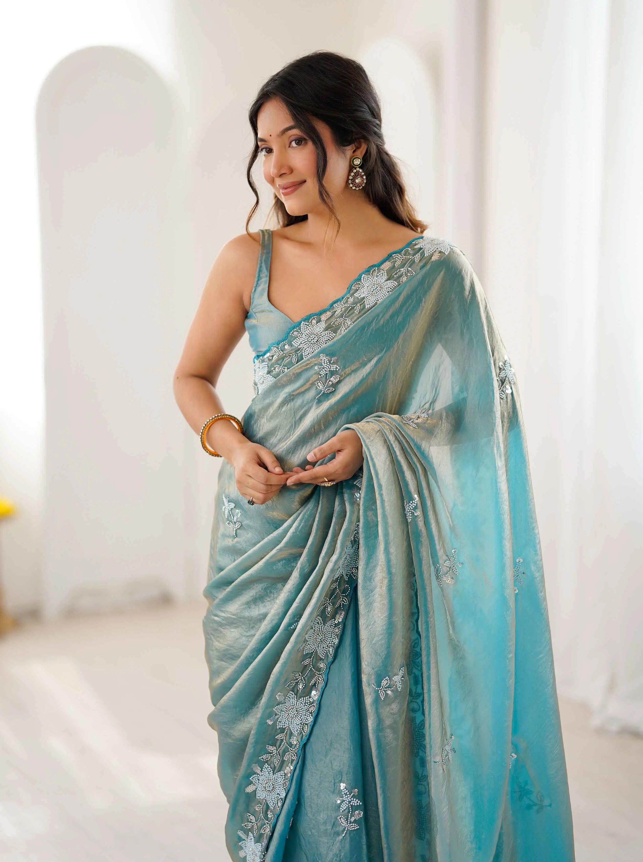 Shiny Teal Blue Hand Work Party Wear Saree