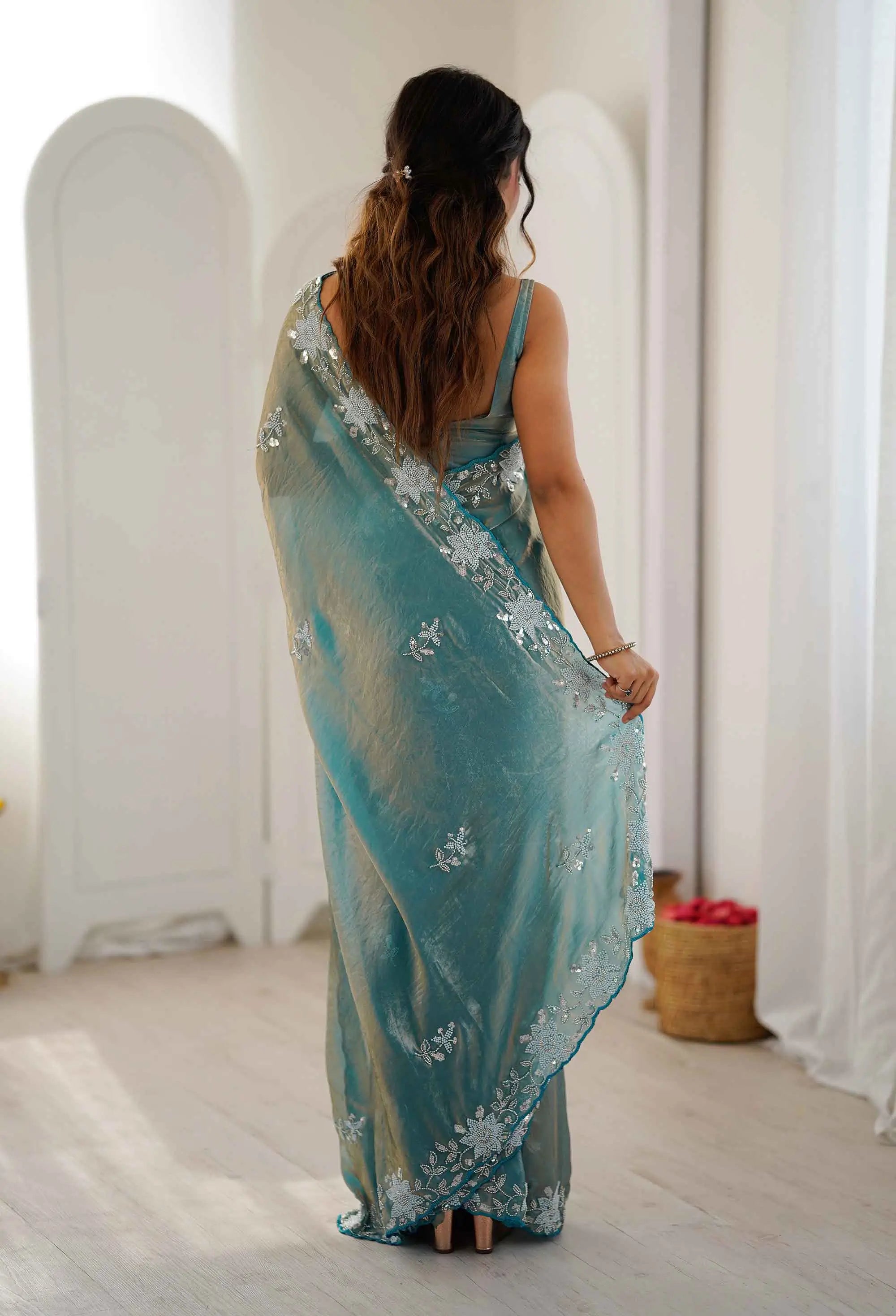 Shiny Teal Blue Hand Work Party Wear Saree