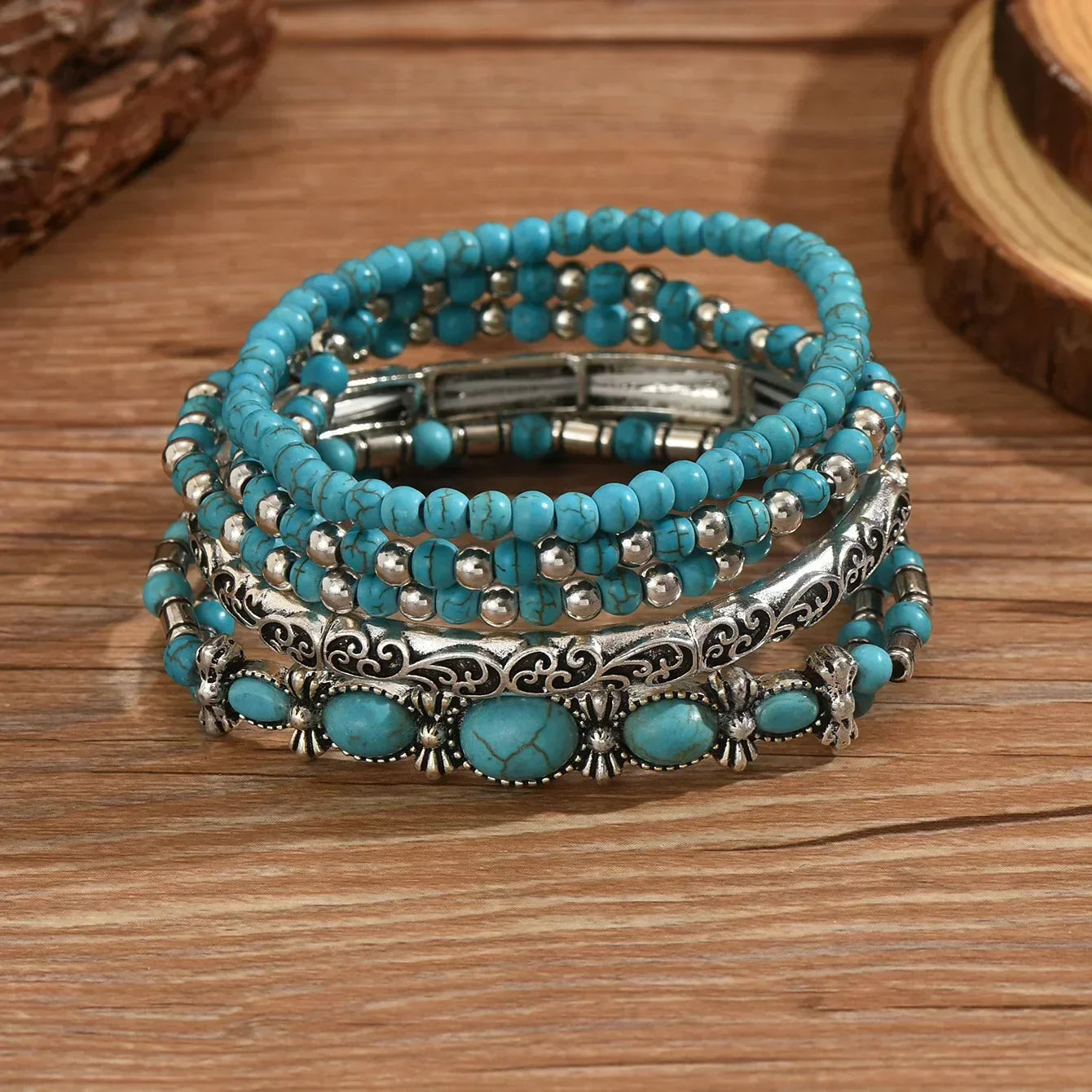 Boho armbanden set met turquoise kralen  - By Qivii