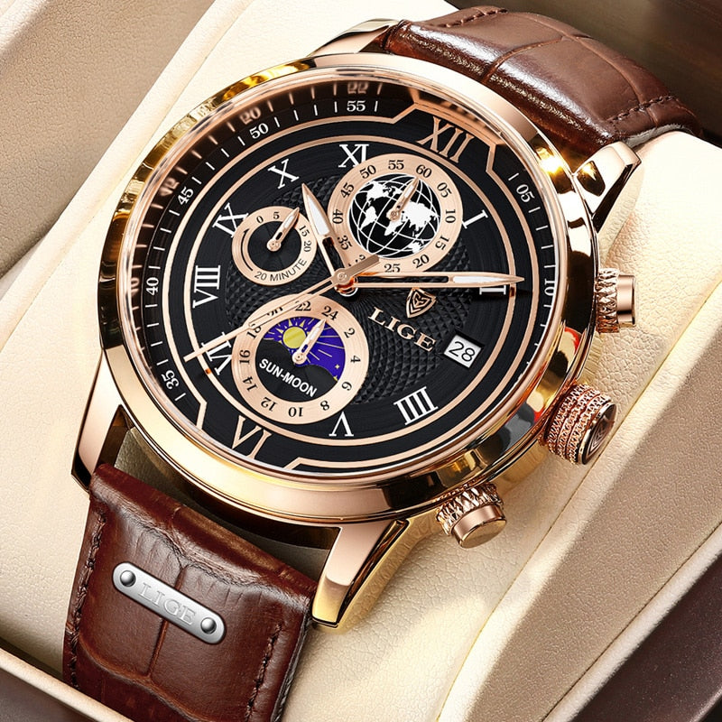 Luxe Chronograaf Horloge met Echt Leren Band  - By Qivii