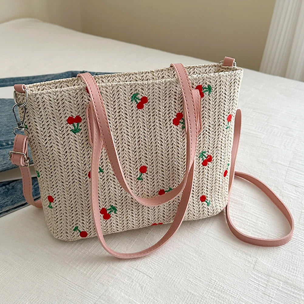 Cherry Raffia Tote