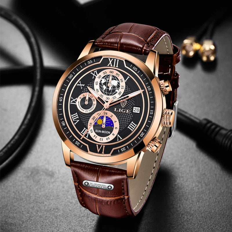 Luxe Chronograaf Horloge met Echt Leren Band  - By Qivii