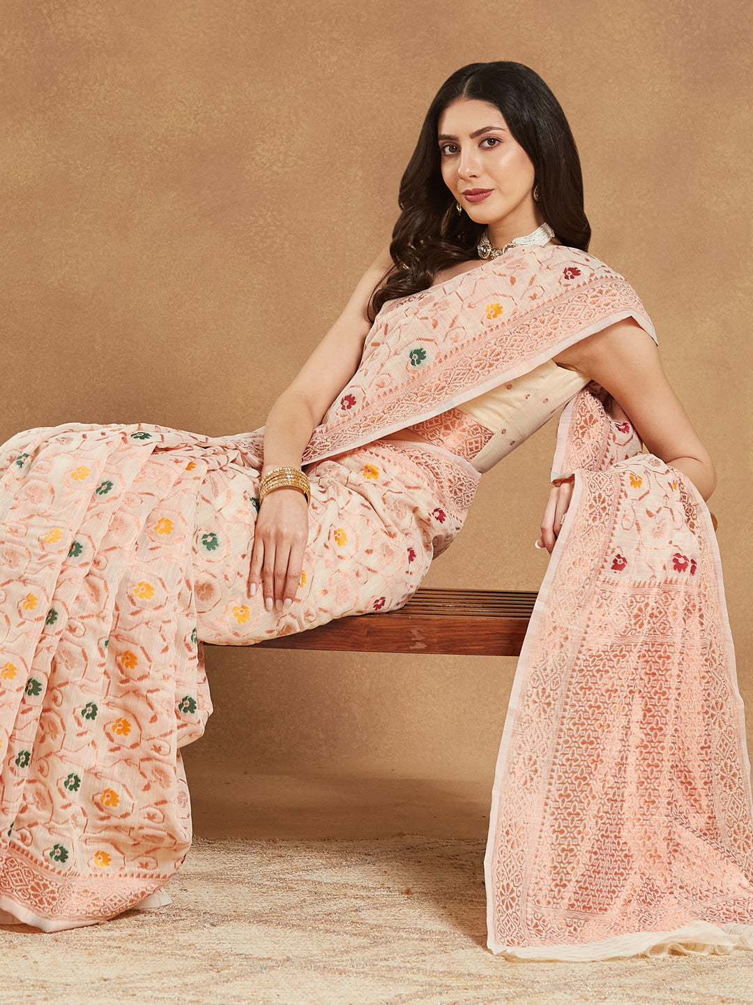 Janasya Women's Light Peach Linen Blend Patola Woven Design Jacquard Saree with Blouse Piece - qivii