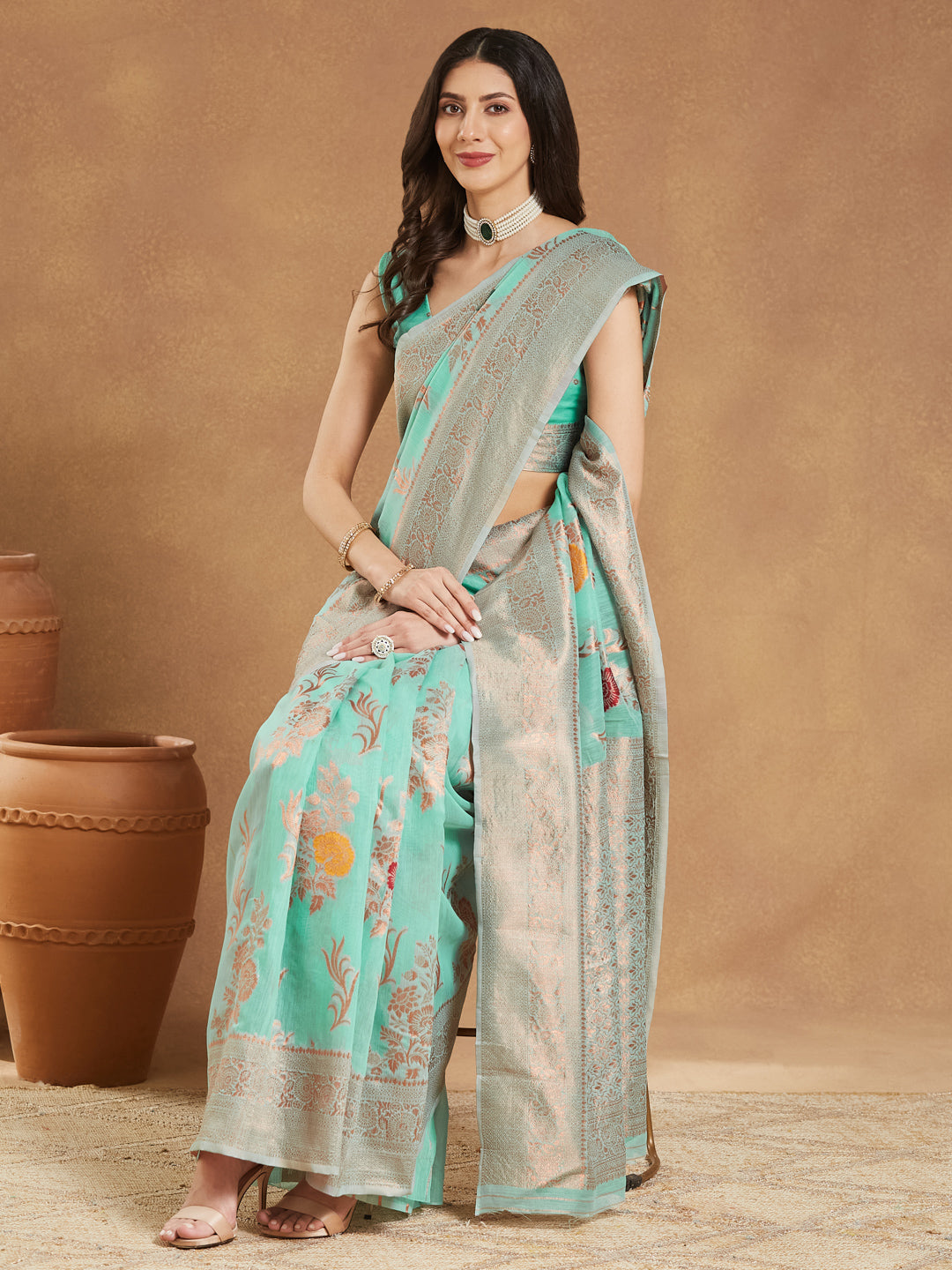 Janasya Women's Sea Blue Linen Blend Floral Woven Design Jacquard Saree with Blouse Piece - qivii