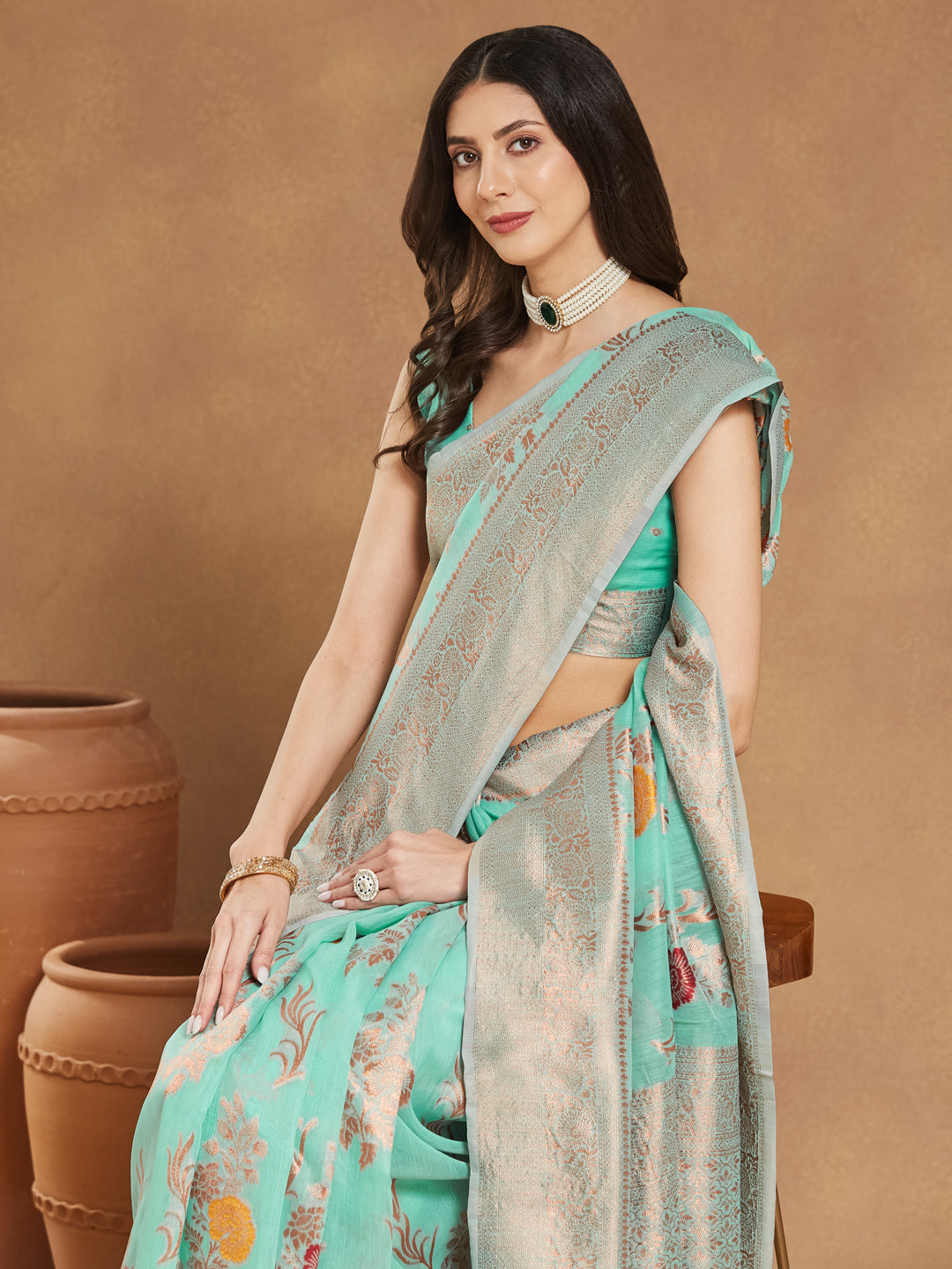 Janasya Women's Sea Blue Linen Blend Floral Woven Design Jacquard Saree with Blouse Piece - qivii