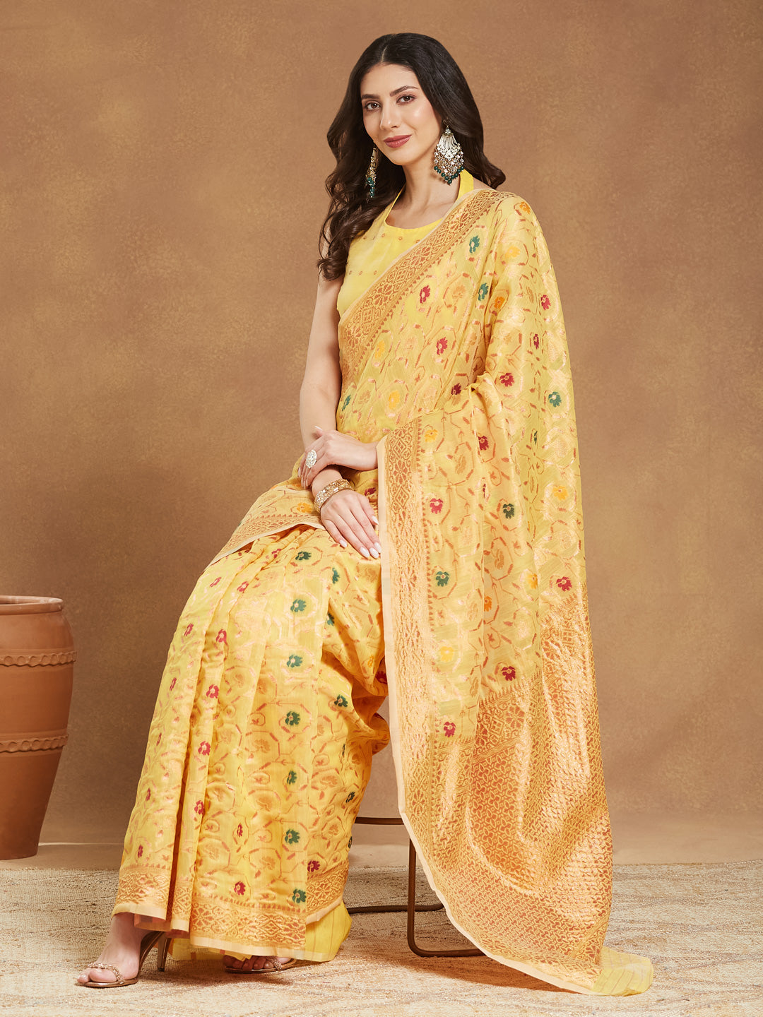 Janasya Women's Yellow Linen Blend Patola Woven Design Jacquard Saree with Blouse Piece - qivii