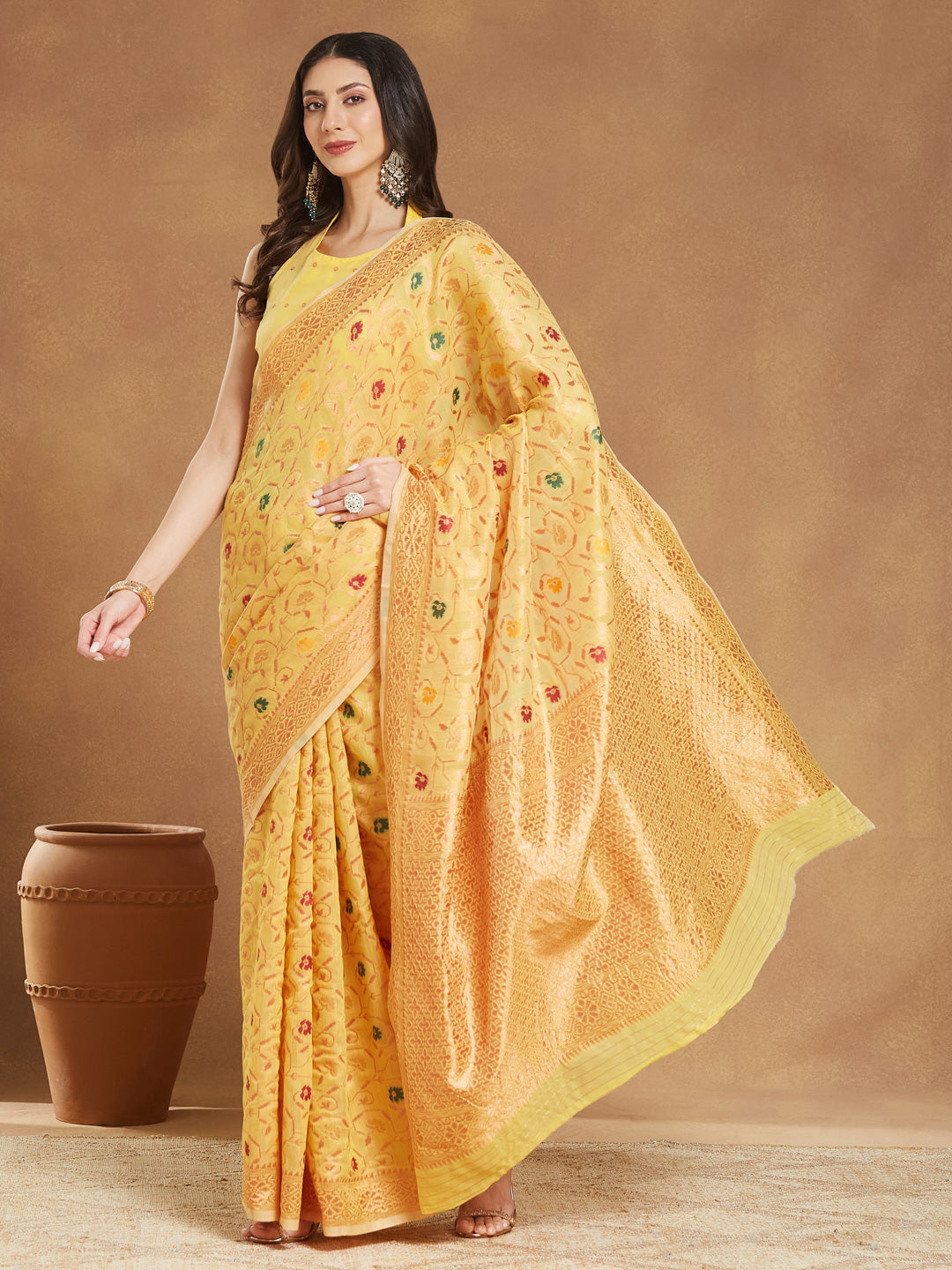 Janasya Women's Yellow Linen Blend Patola Woven Design Jacquard Saree with Blouse Piece - qivii