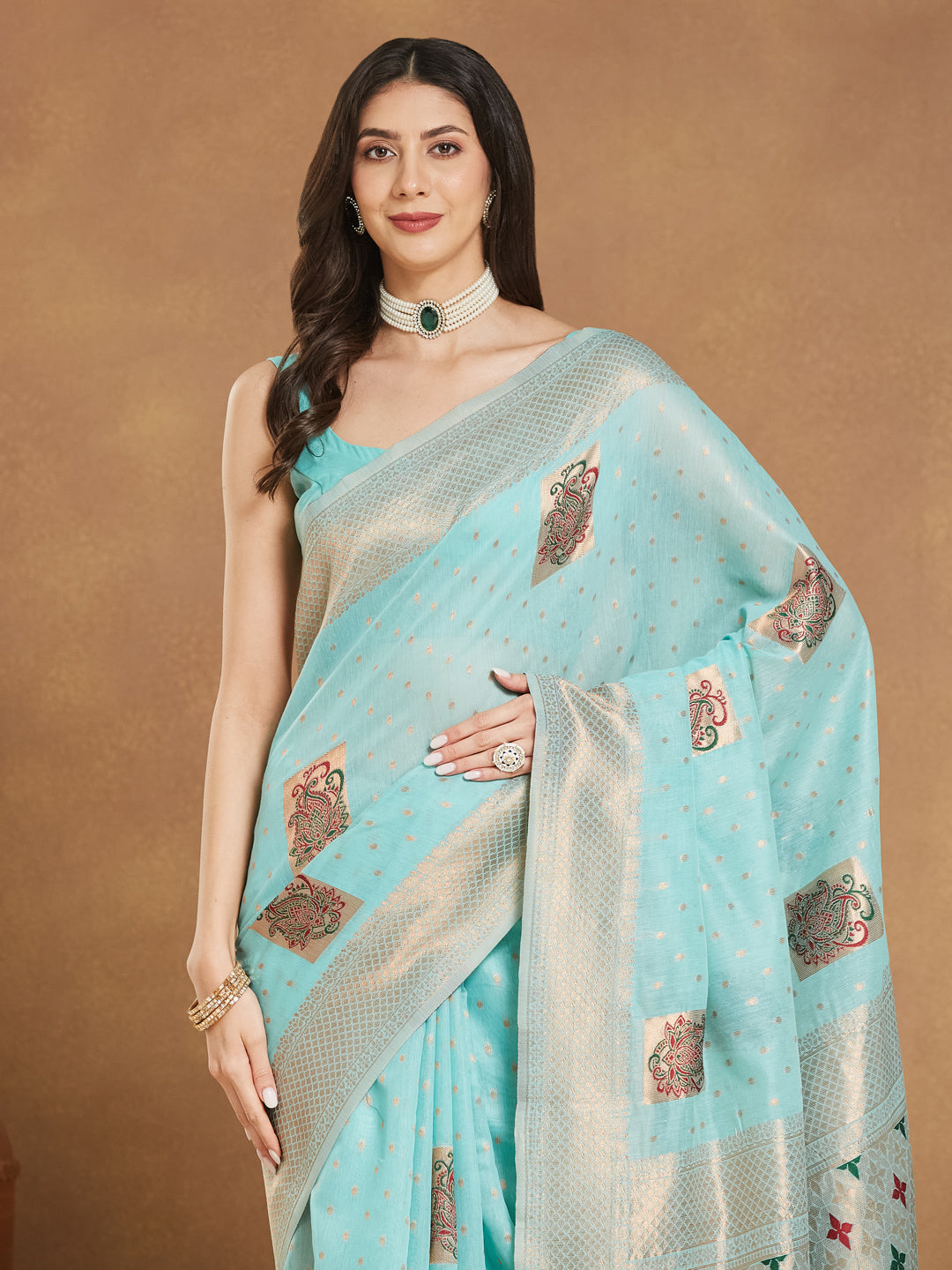 Janasya Women's Sea Green Linen Blend Ethnic Motifs Woven Design Jacquard Saree with Blouse Piece - qivii