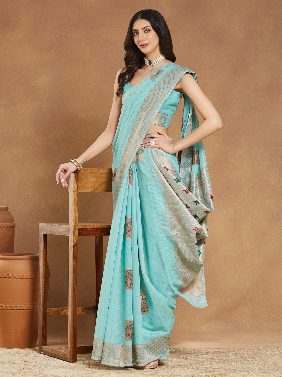 Janasya Women's Sea Green Linen Blend Ethnic Motifs Woven Design Jacquard Saree with Blouse Piece - qivii