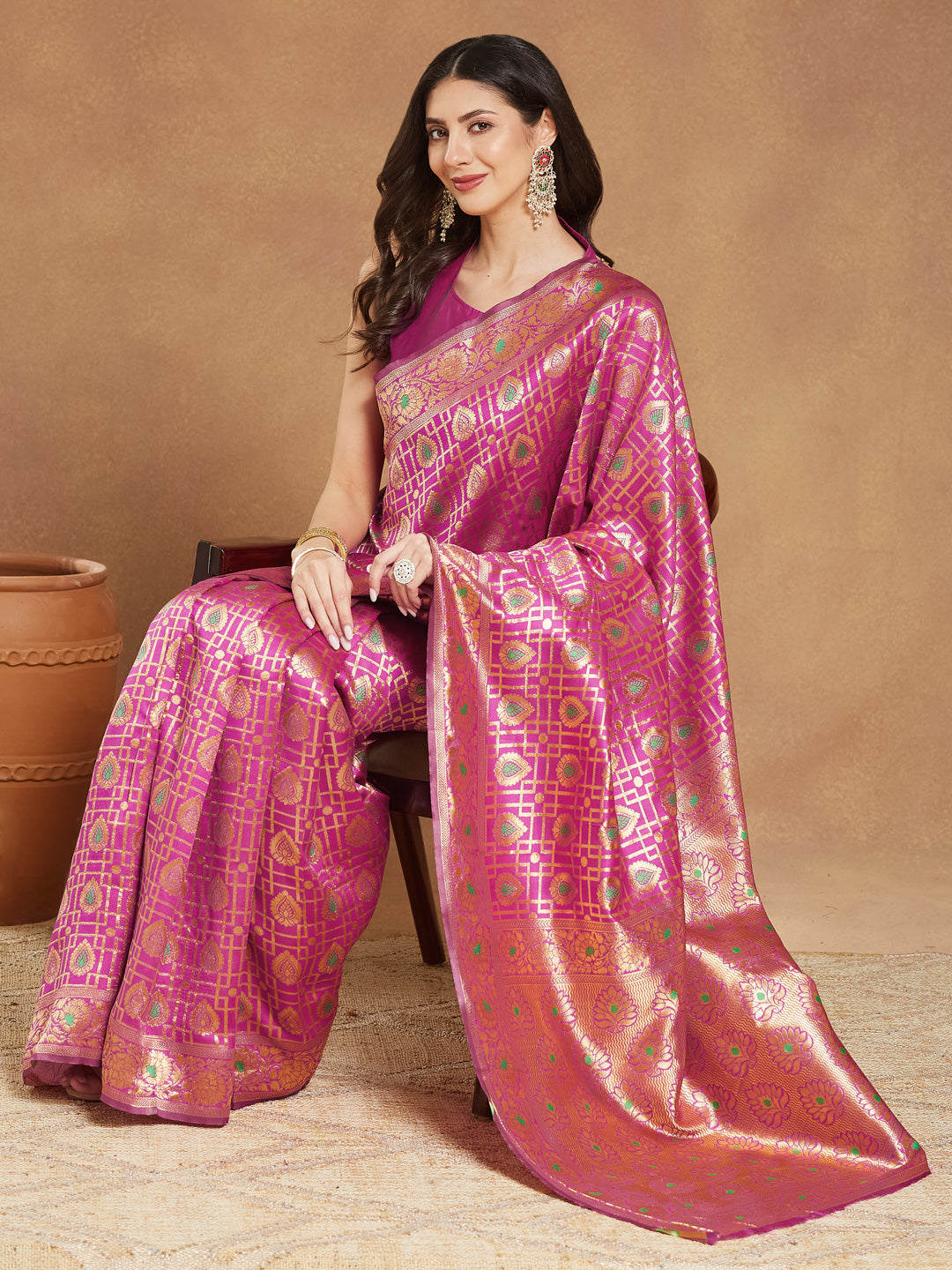 Janasya Women's Pink Silk Blend Ethnic Motifs Woven Design Jacquard Saree with Blouse Piece - qivii