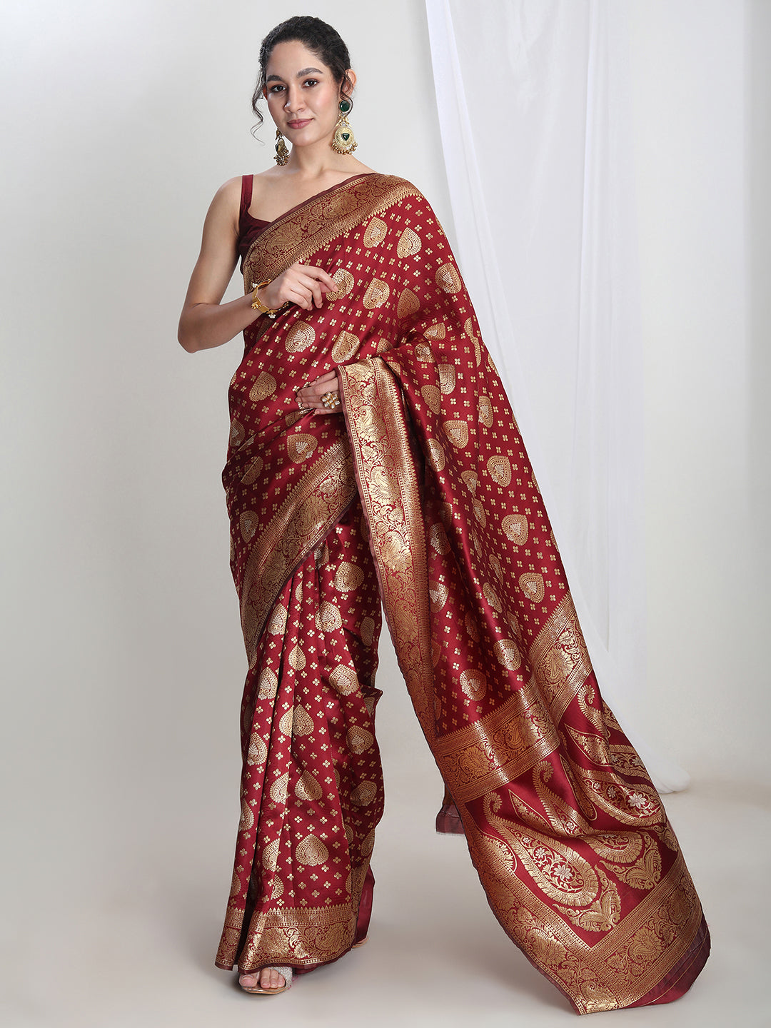 Janasya Women's Maroon Silk Blend Ethnic Motifs Woven Design Jacquard Saree with Blouse Piece - qivii
