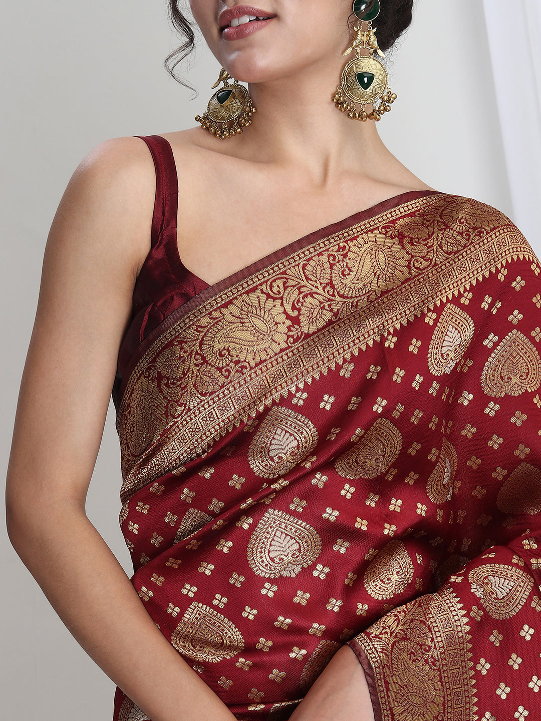 Janasya Women's Maroon Silk Blend Ethnic Motifs Woven Design Jacquard Saree with Blouse Piece - qivii