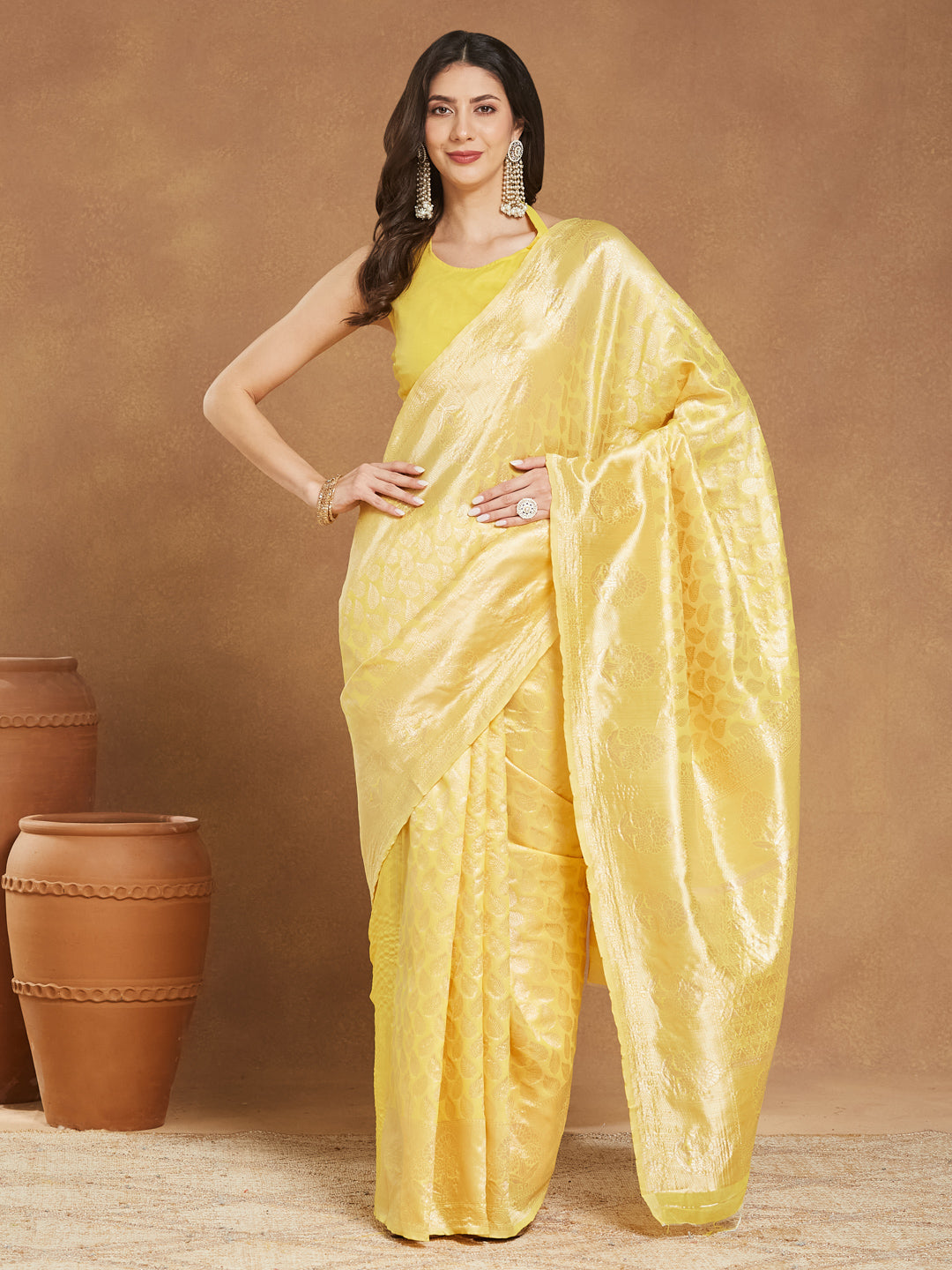 Janasya Women's Yellow Silk Blend Leaf Motifs Woven Design Jacquard Saree with Blouse Piece - qivii