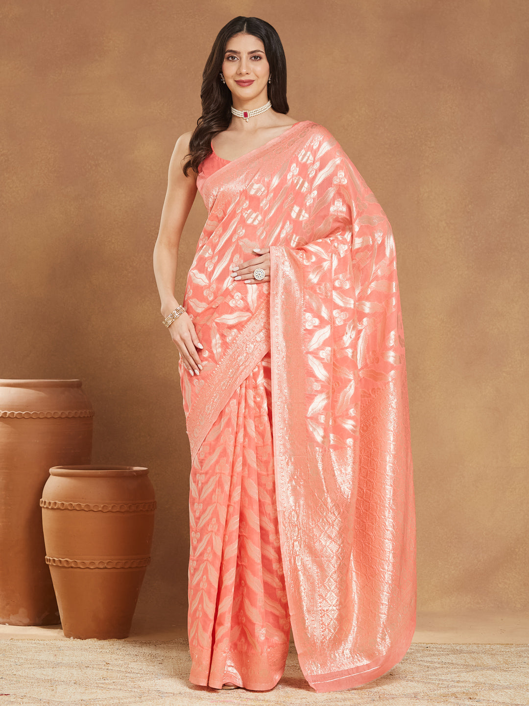 Janasya Women's Peach Silk Blend Floral Woven Design Jacquard Saree with Blouse Piece - qivii