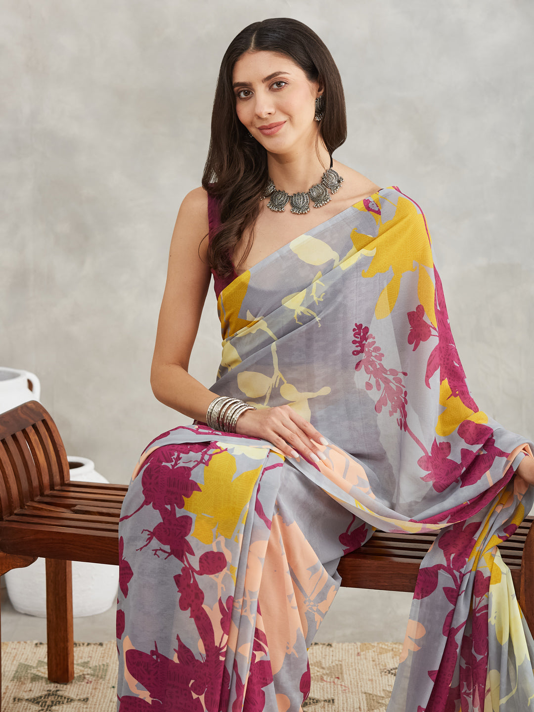 Janasya Women's Grey Georgette Abstract Printed Printed Saree with Blouse Piece - qivii
