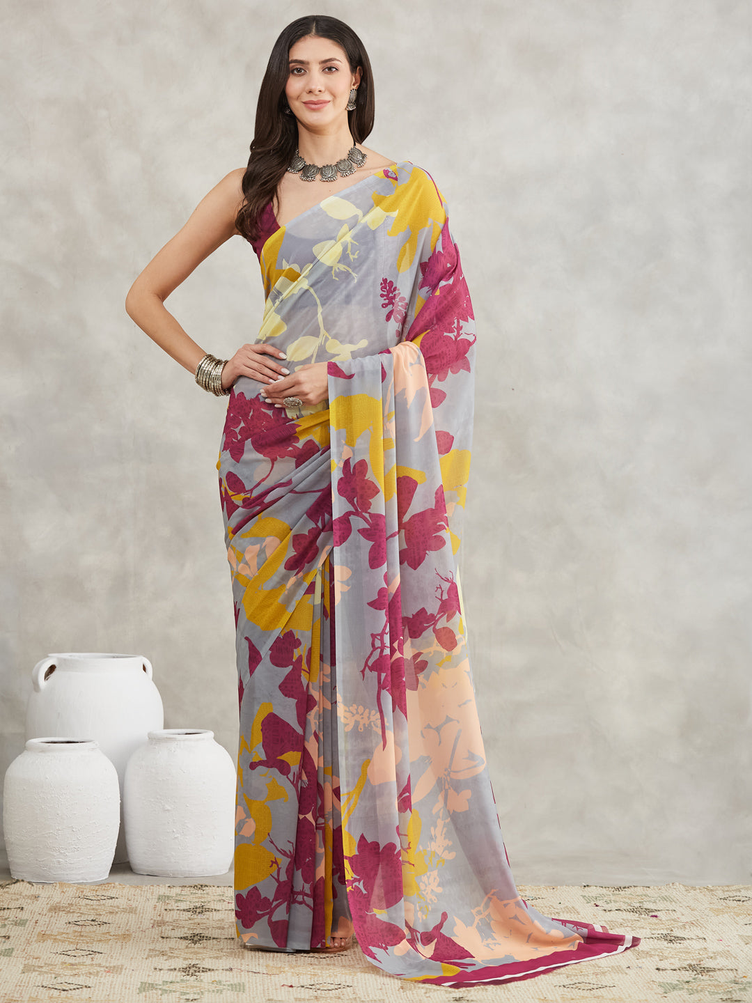 Janasya Women's Grey Georgette Abstract Printed Printed Saree with Blouse Piece - qivii