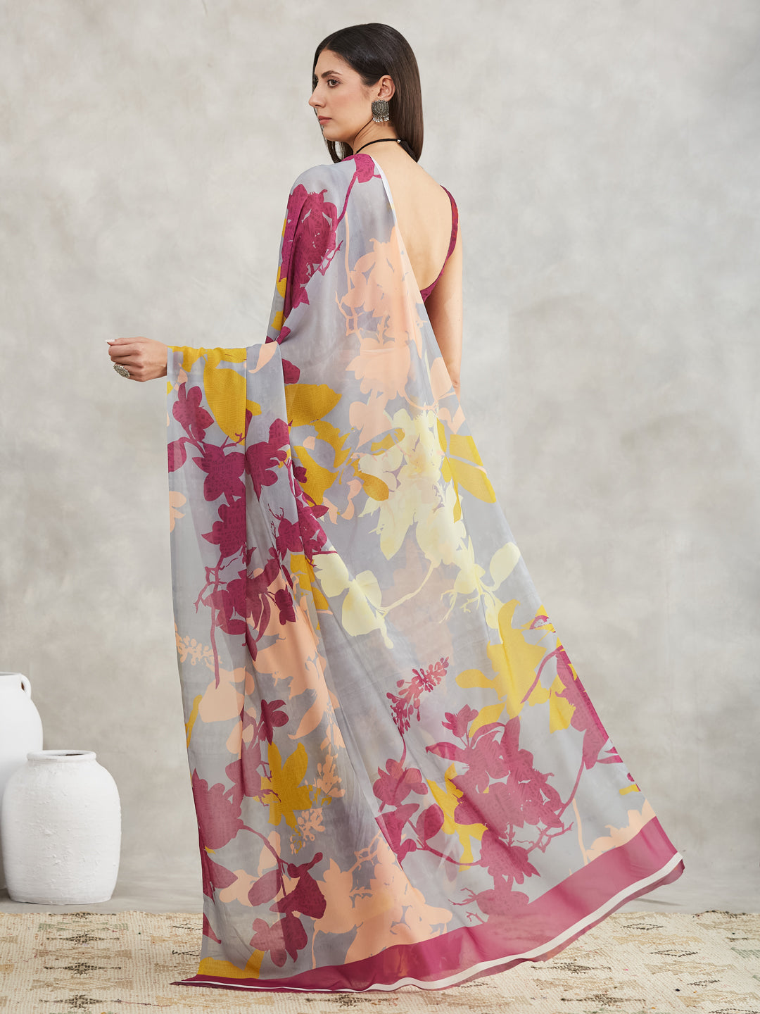 Janasya Women's Grey Georgette Abstract Printed Printed Saree with Blouse Piece - qivii