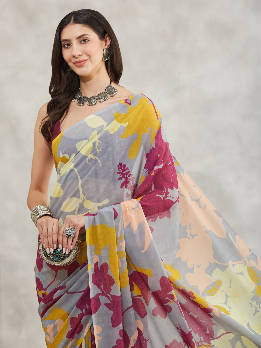 Janasya Women's Grey Georgette Abstract Printed Printed Saree with Blouse Piece - qivii