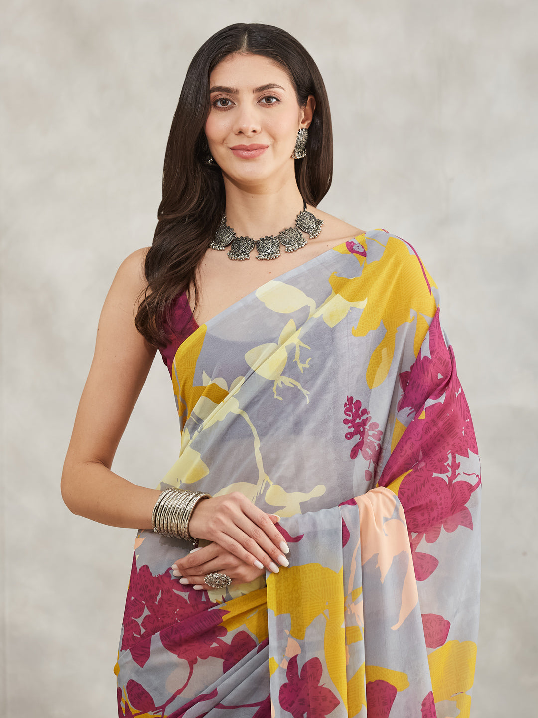 Janasya Women's Grey Georgette Abstract Printed Printed Saree with Blouse Piece - qivii
