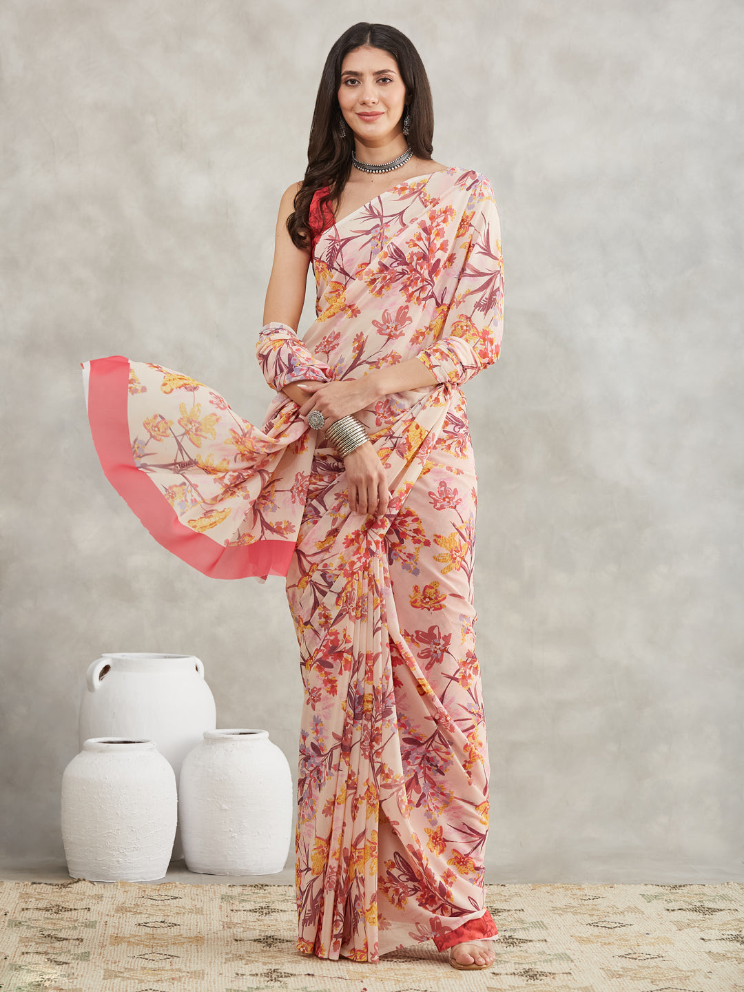 Janasya Women's Cream Georgette Floral Printed Printed Saree with Blouse Piece - qivii