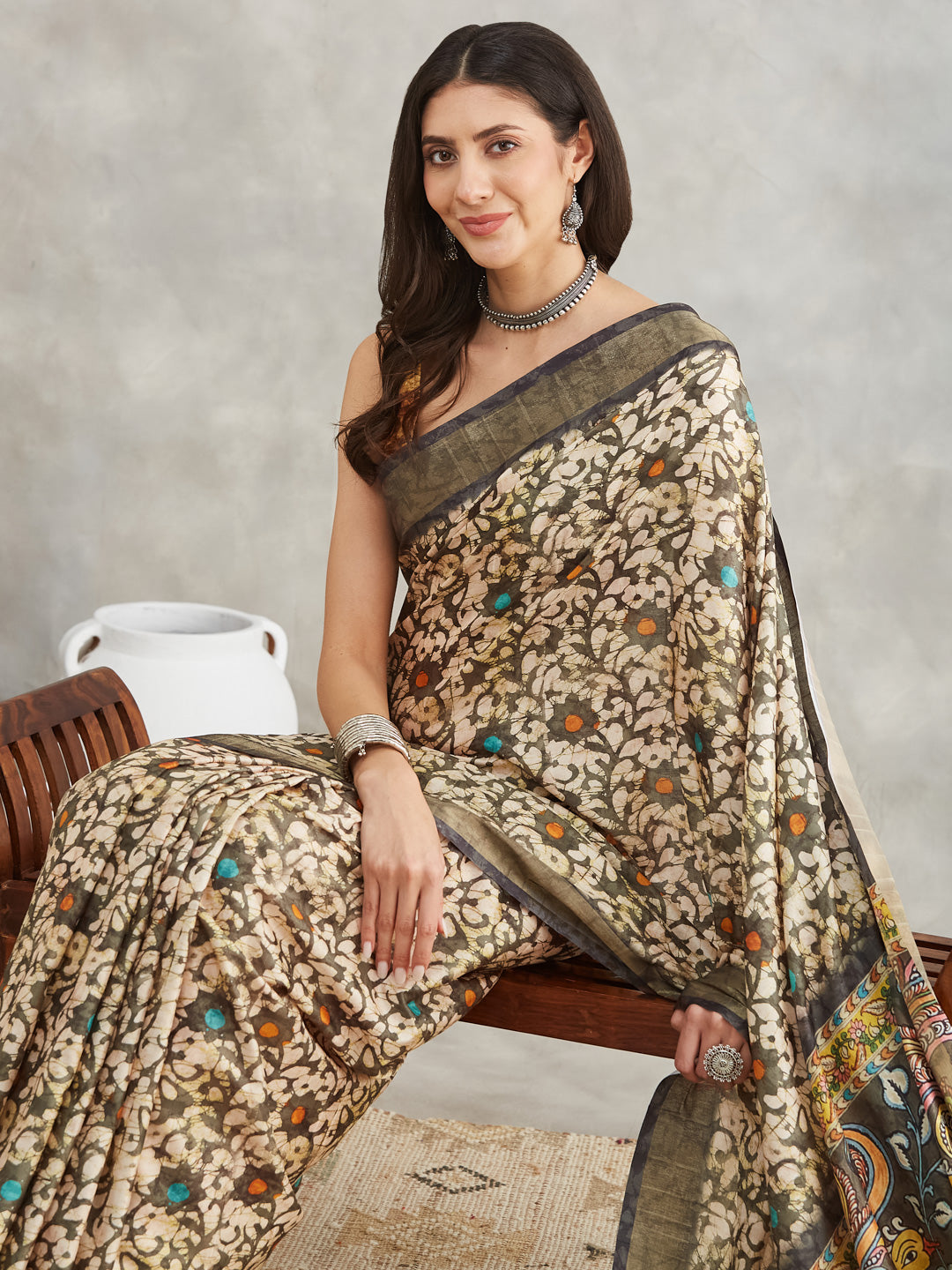 Janasya Women's Olive Green Silk Blend Floral Printed Printed Saree with Blouse Piece - qivii
