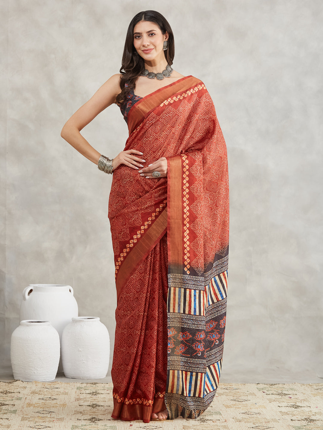 Janasya Women's Rust Orange Silk Blend Bandhani Printed Printed Saree with Blouse Piece - qivii