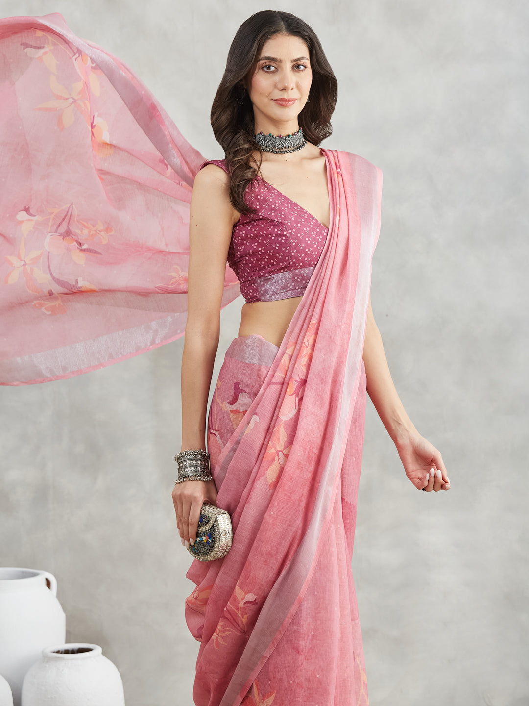 Janasya Women's Mauve Linen Blend Floral Printed Printed Saree with Blouse Piece - qivii