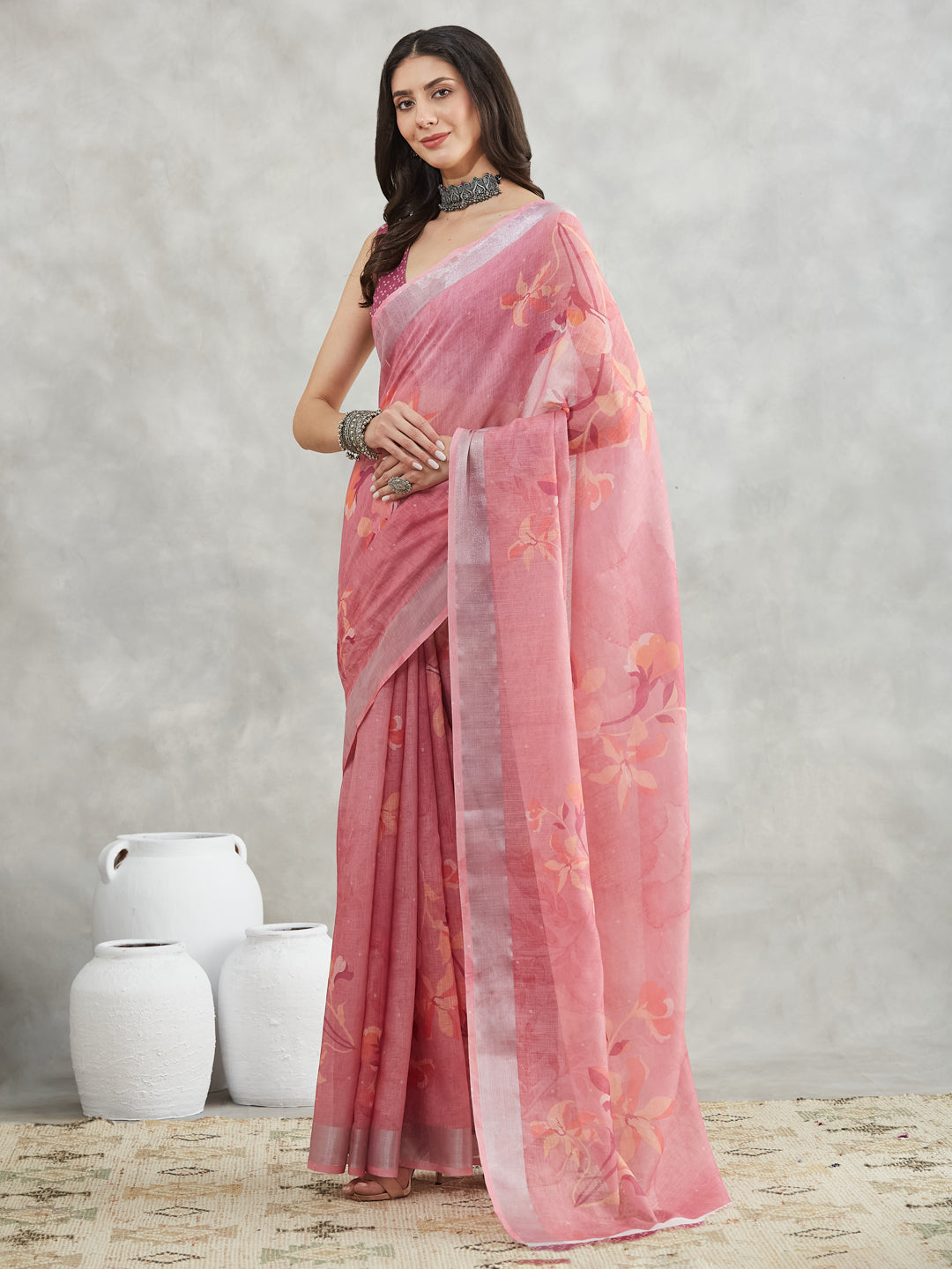 Janasya Women's Mauve Linen Blend Floral Printed Printed Saree with Blouse Piece - qivii