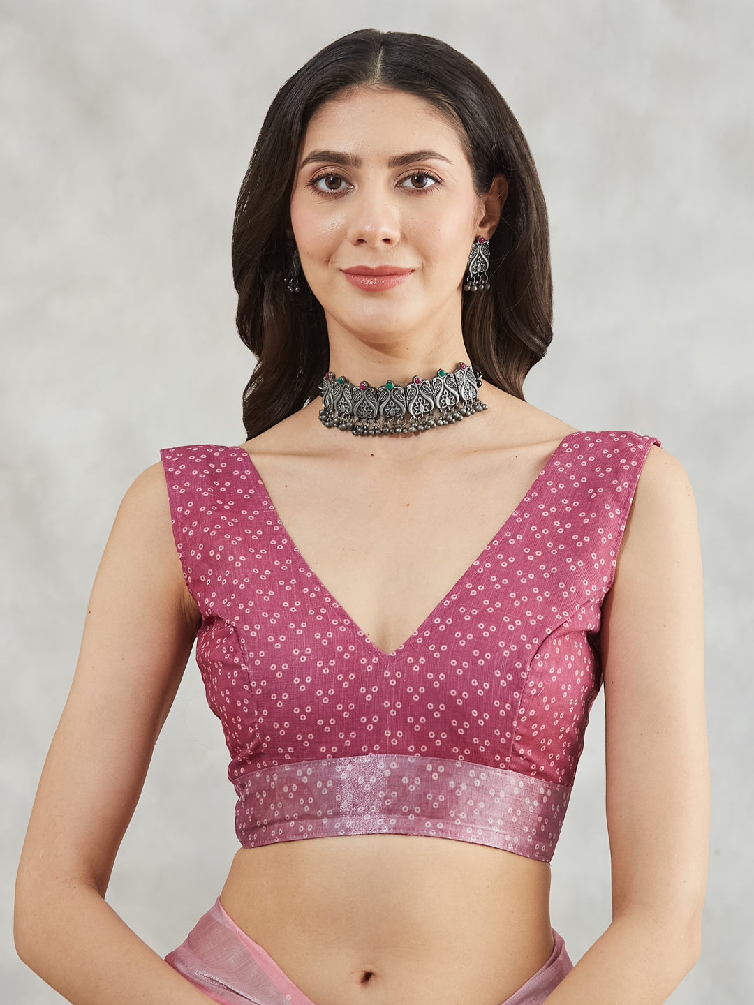 Janasya Women's Mauve Linen Blend Floral Printed Printed Saree with Blouse Piece - qivii