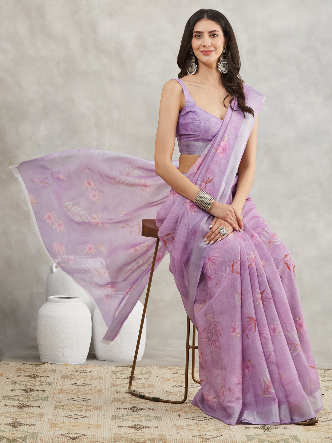 Janasya Women's Lavender Linen Blend Floral Printed Printed Saree with Blouse Piece - qivii