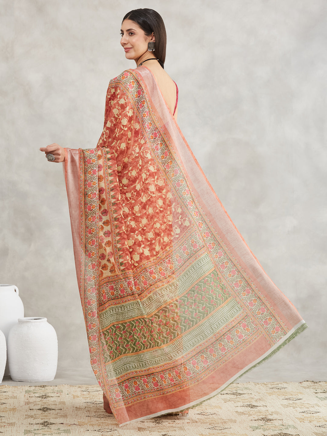 Janasya Women's Rust Linen Blend Batik Printed Printed Saree with Blouse Piece - qivii