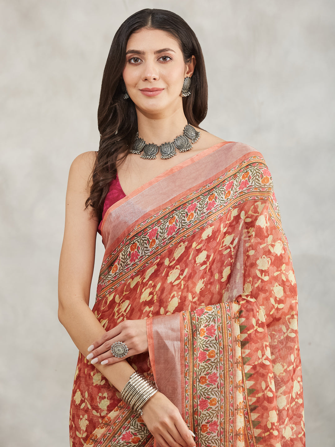 Janasya Women's Rust Linen Blend Batik Printed Printed Saree with Blouse Piece - qivii