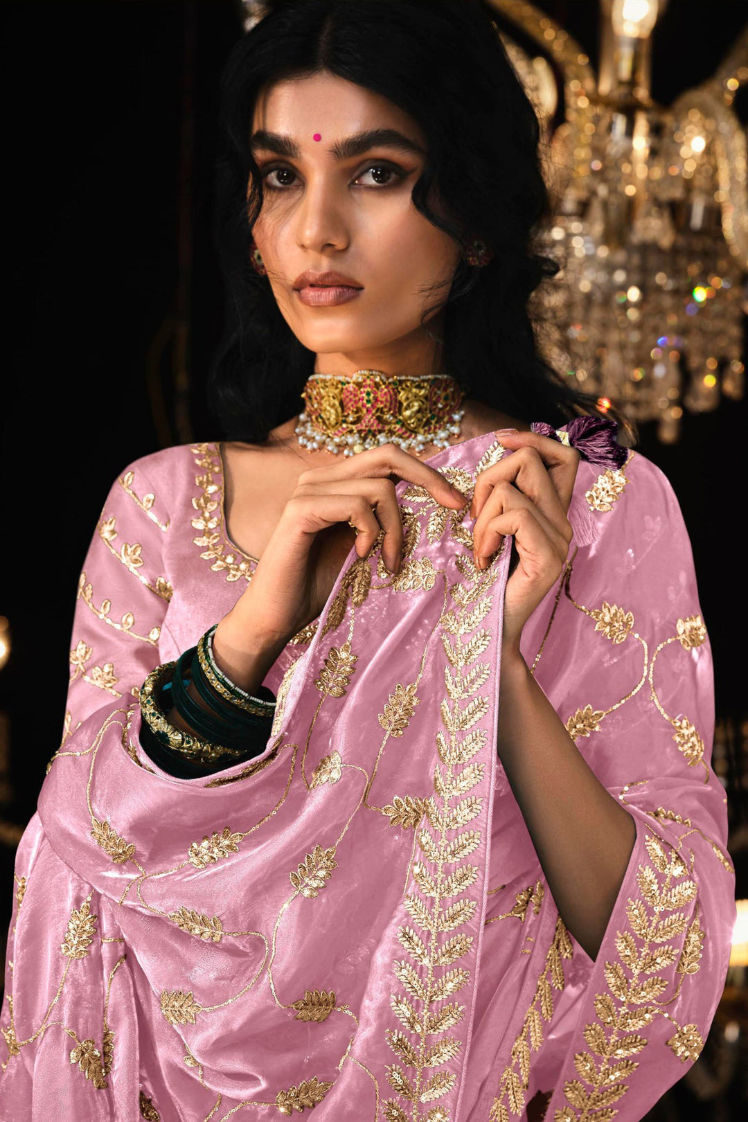 Pink Satin Silk Saree Embellished with Stone,Sequin,Embroidery & Zarkan work