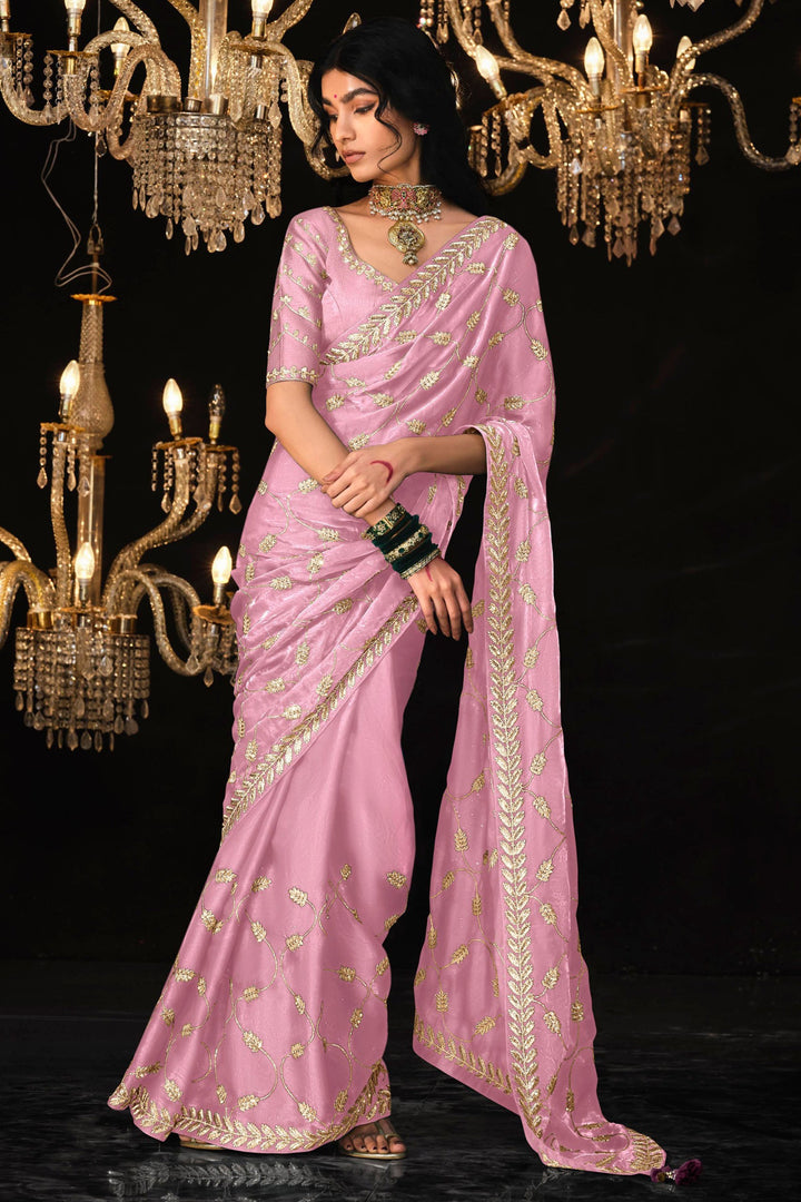 Pink Satin Silk Saree Embellished with Stone,Sequin,Embroidery & Zarkan work