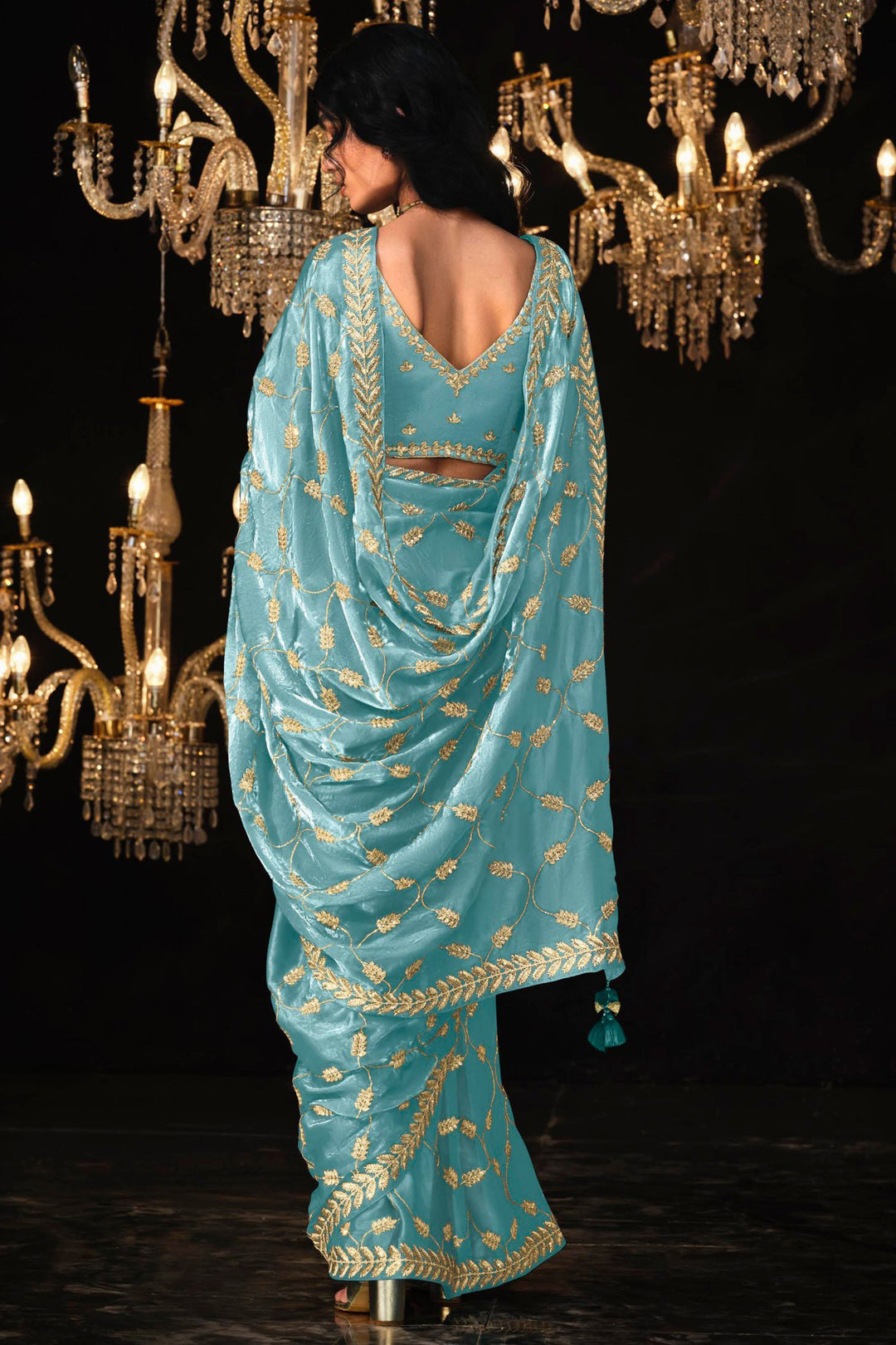 Sky Blue Satin Silk Saree Embellished with Stone,Sequin,Embroidery & Zarkan work