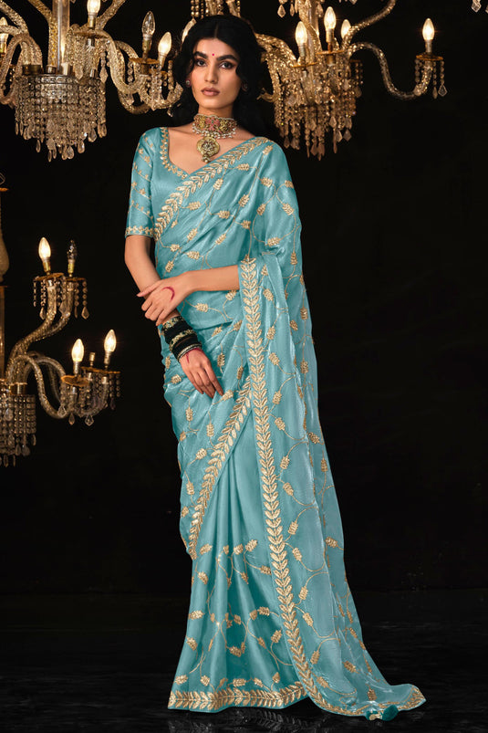 Sky Blue Satin Silk Saree Embellished with Stone,Sequin,Embroidery & Zarkan work