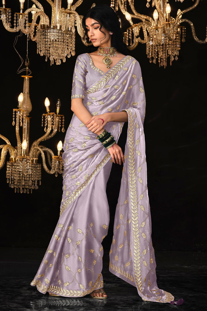 Lavender Satin Silk Saree Embellished with Stone,Sequin,Embroidery & Zarkan work