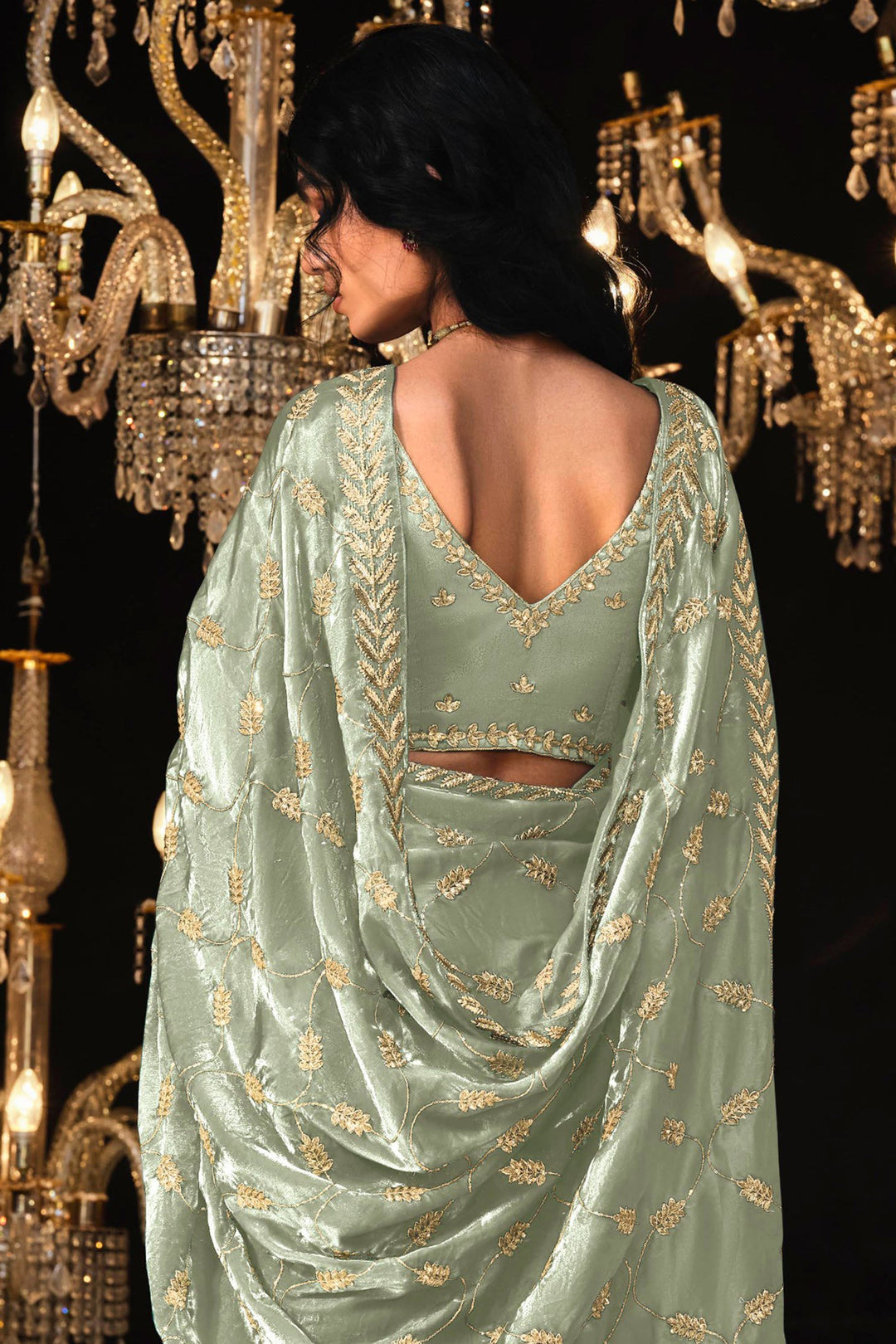 Sea Green Satin Silk Saree Embellished with Stone,Sequin,Embroidery & Zarkan work