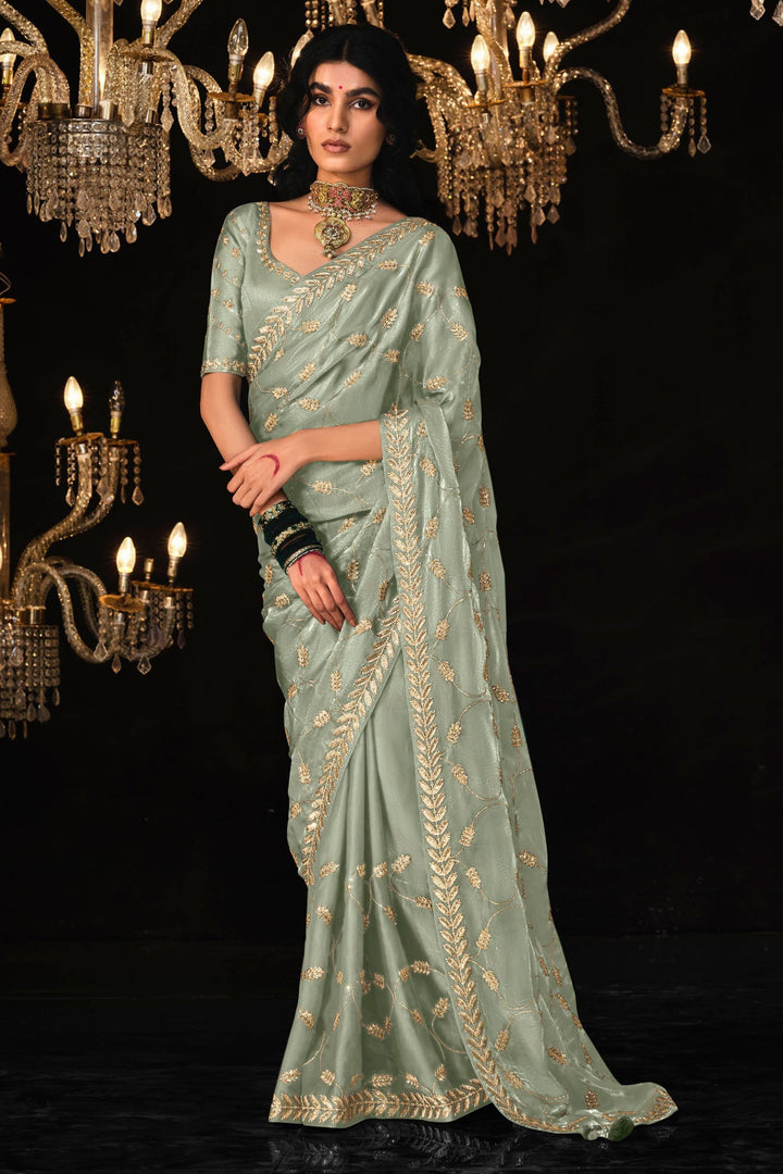 Sea Green Satin Silk Saree Embellished with Stone,Sequin,Embroidery & Zarkan work