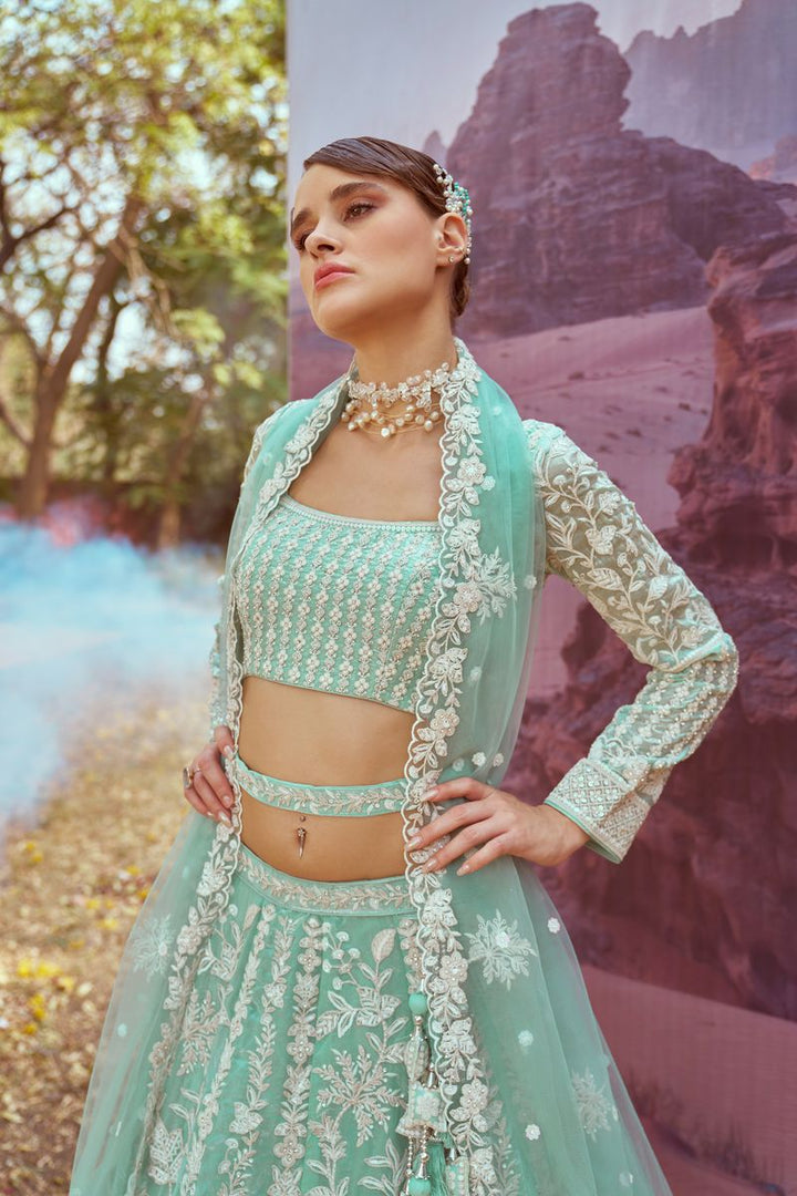 Sea green Organza Sequins embroidery Semi-Stitched Lehenga choli & Dupatta