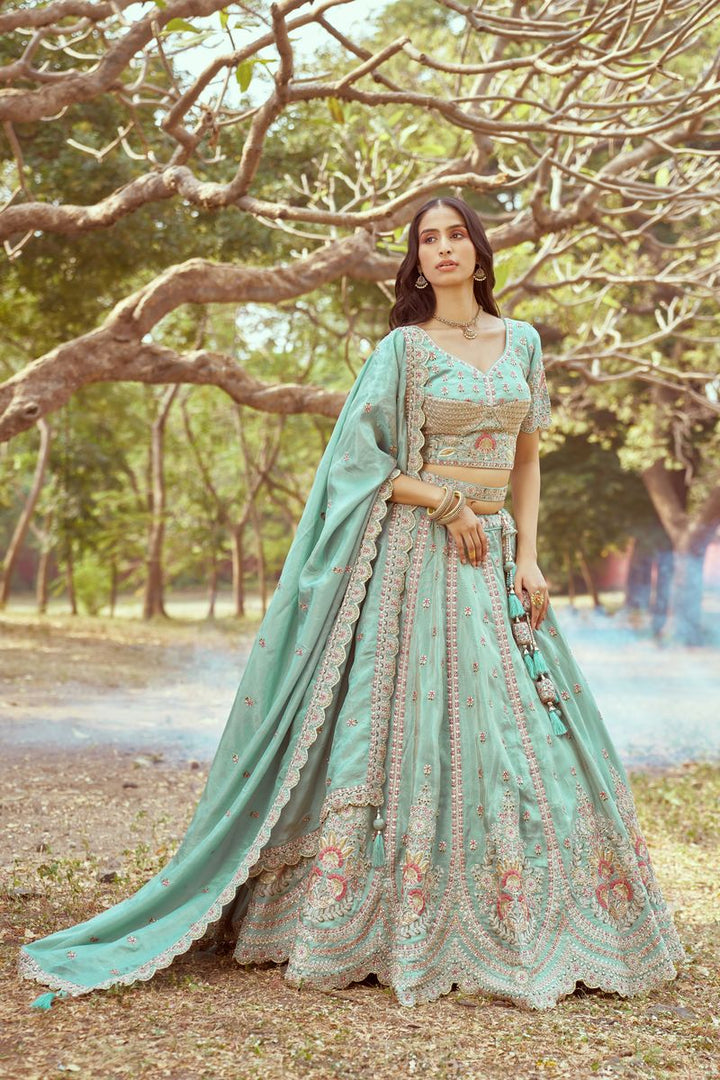 Seagreen Gold crushed Tissue Fabric Moti, Zari work Semi-Stitched Lehenga choli & Dupatta