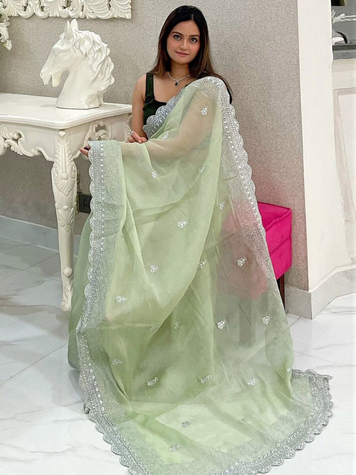 Burburry Silk Beautiful Designer Sequence and Jari Thread Embroidery Work Saree in Sea Green Color - qivii