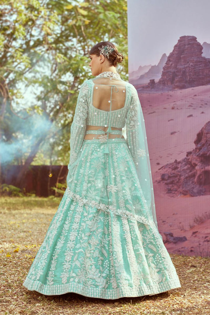 Sea green Organza Sequins embroidery Semi-Stitched Lehenga choli & Dupatta