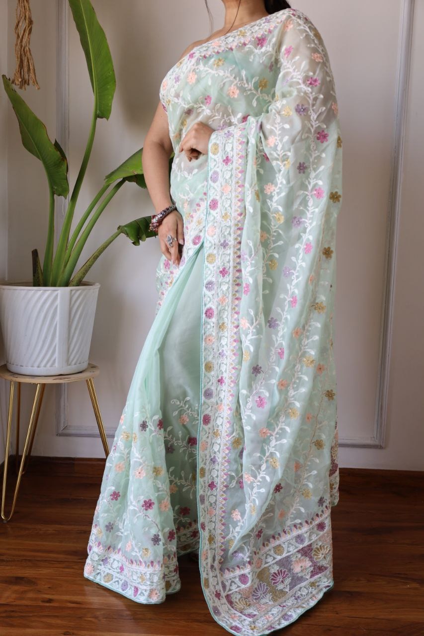 Heavy Butterfly Net Beautiful Mallty Colour Aari Embroidery Work Saree In Sea Green Color - qivii